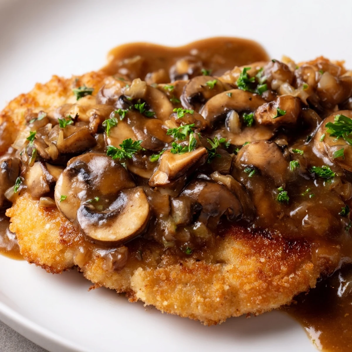 Tender golden chicken breasts and cremini mushrooms smothered in a rich, savory Marsala-style sauce, served over pasta for a comforting Italian-American dinner.