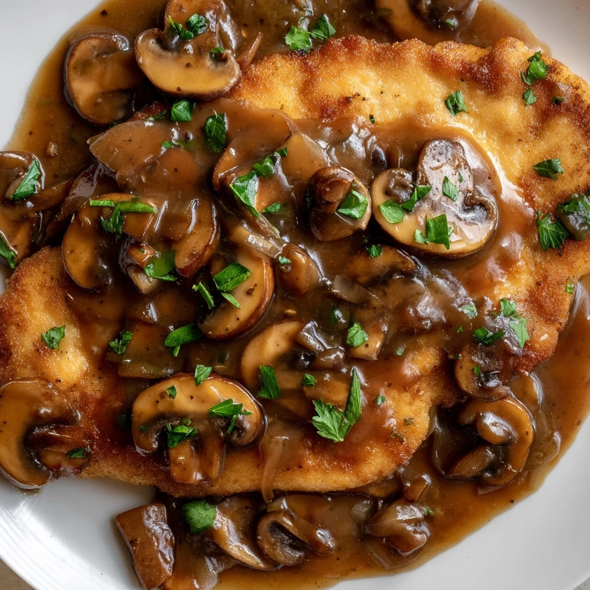 A close-up of Chicken Marsala with Mushrooms featuring glossy brown sauce, minced garlic, and fresh parsley garnish on a white ceramic plate.