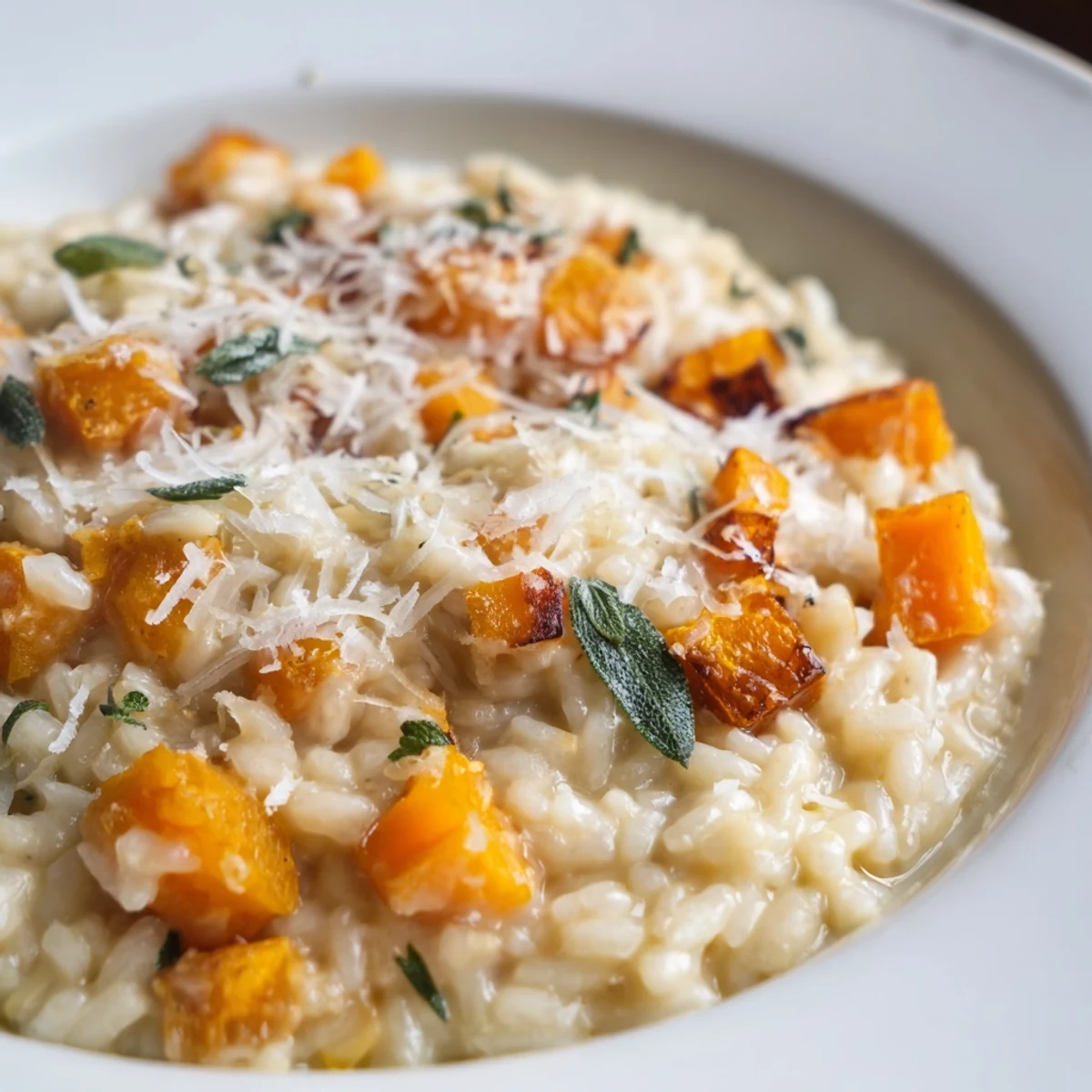 Creamy Winter Squash Risotto with Sage and Parmesan steams in a pan, topped with extra cheese and fresh sage leaves.