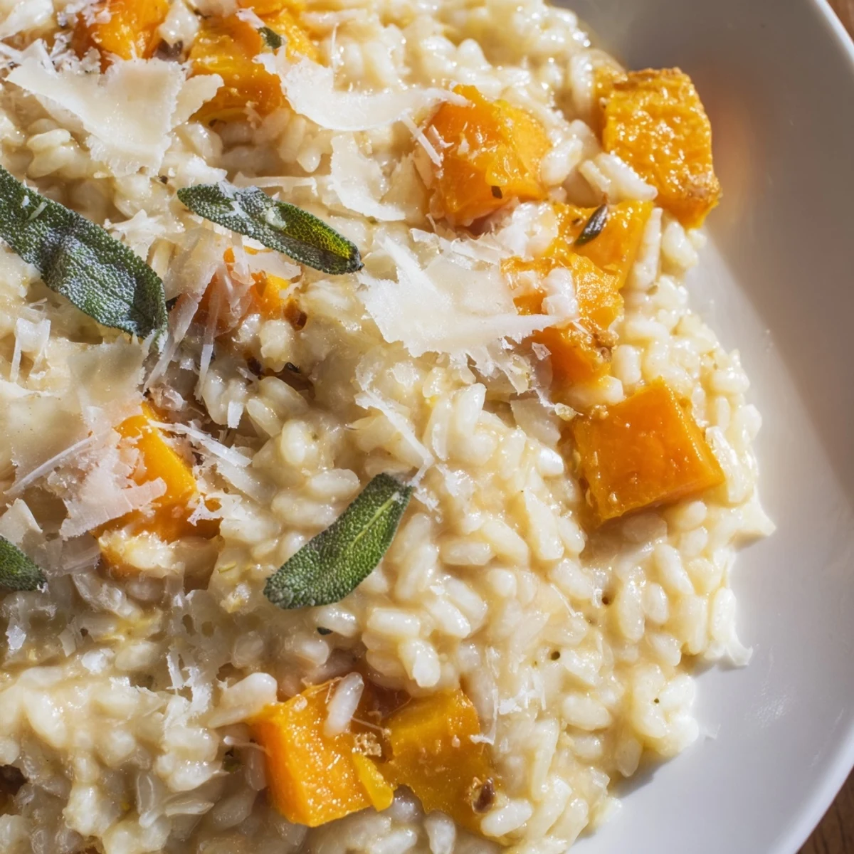 A skillet of Winter Squash Risotto with Sage and Parmesan, garnished with sage, beside a glass of white wine.