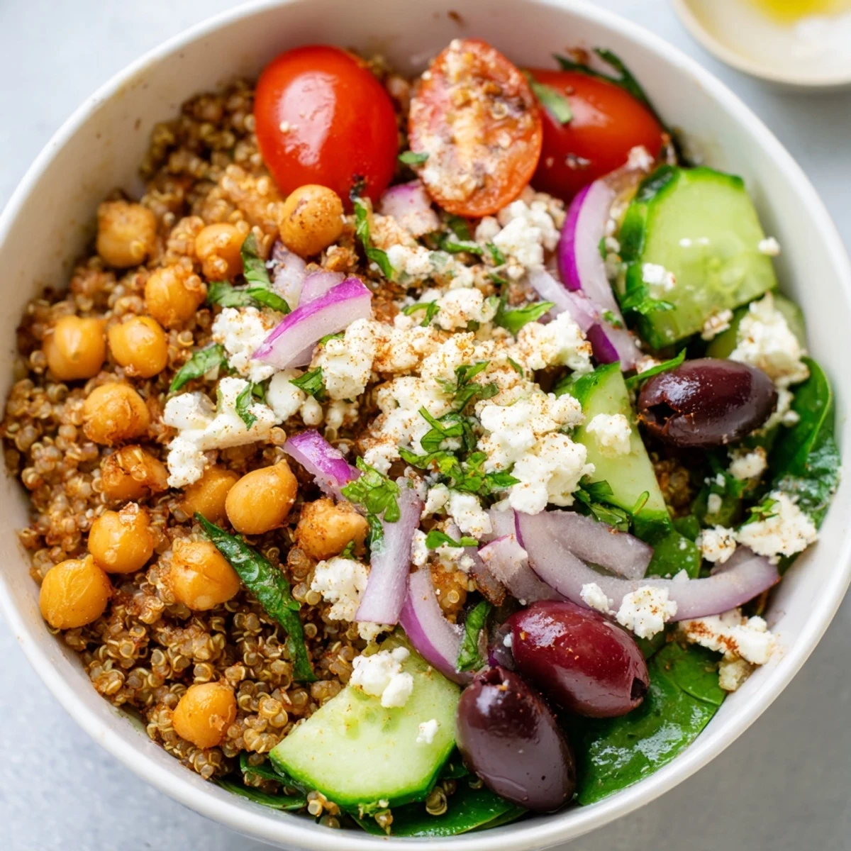 Freshly prepared Mediterranean Meal Bowl with fluffy quinoa, crispy chickpeas, and crisp cucumbers, drizzled with creamy lemon-tahini dressing.