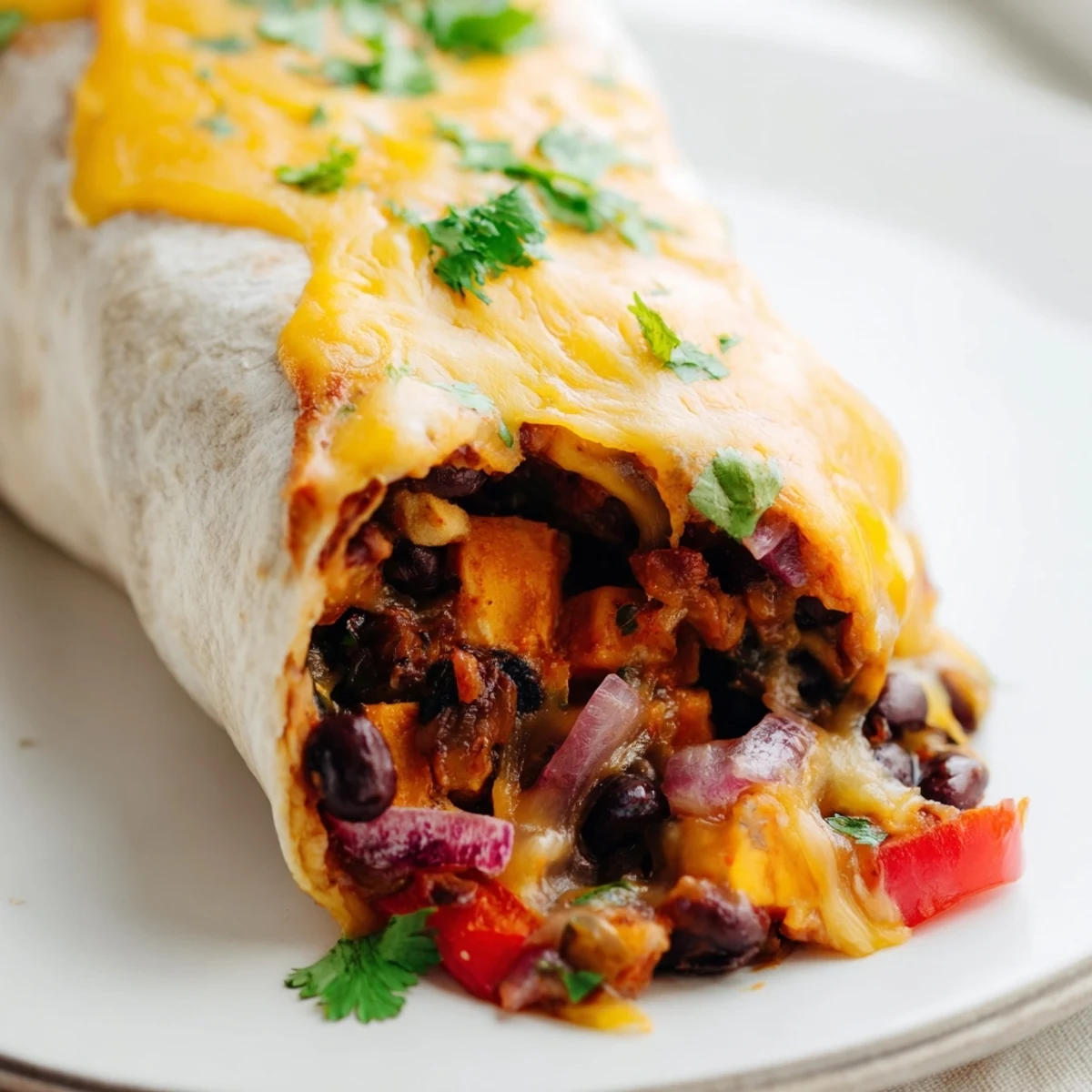 Tortillas are stuffed with seasoned roasted sweet potato and black bean mixture, finished with fresh cilantro and lime wedges.