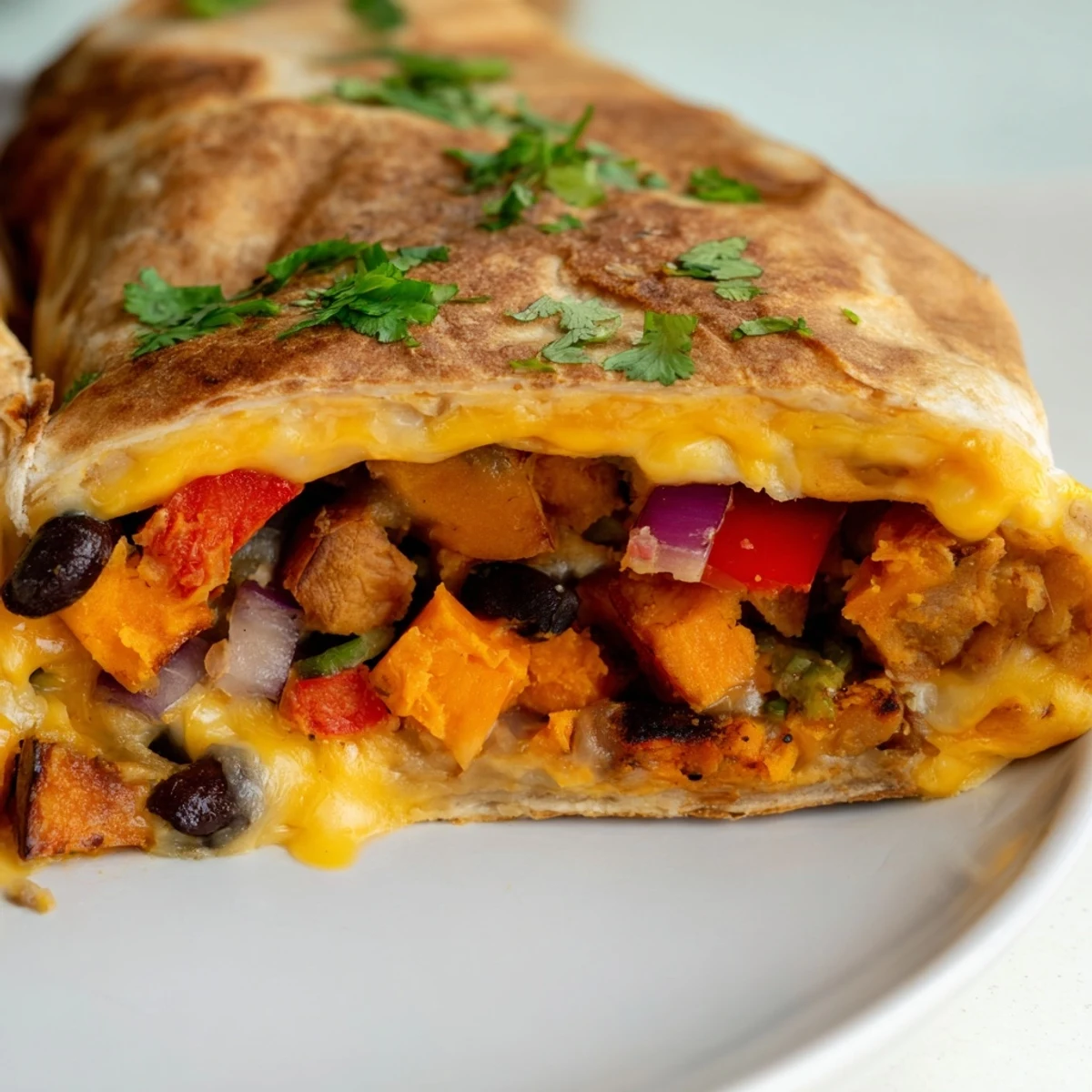 Roasted Sweet Potato and Black Bean Burritos with Cheese rest on a tray, showcasing caramelized veggies and melty cheddar.
