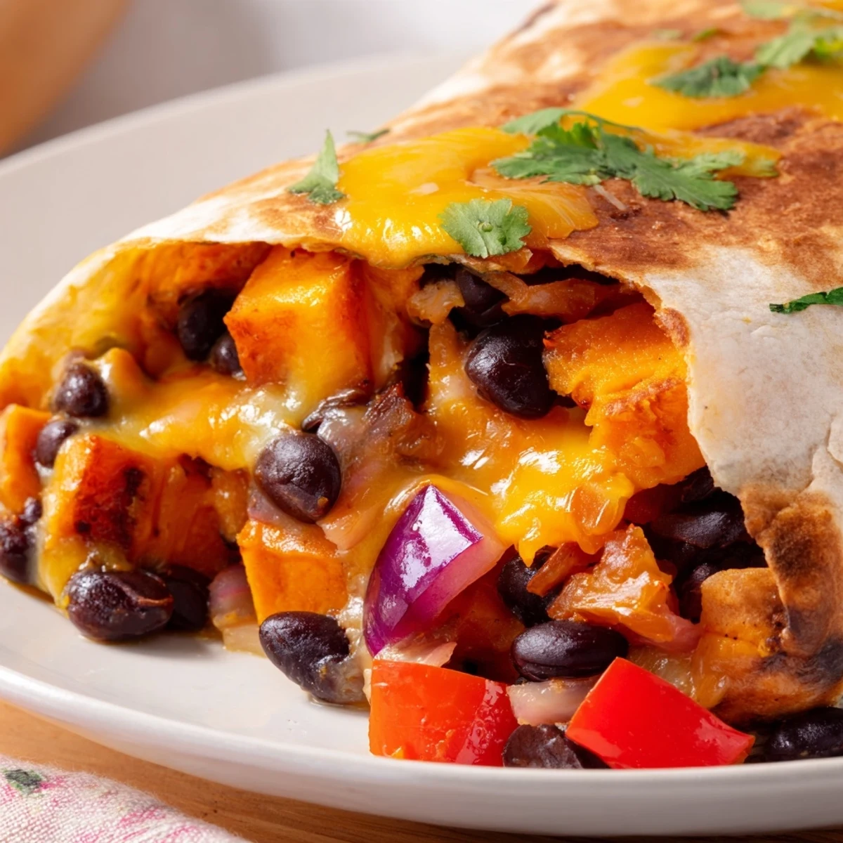 Close-up of a golden-brown Roasted Sweet Potato and Black Bean Burritos with Cheese, cut open to reveal the steamy filling.