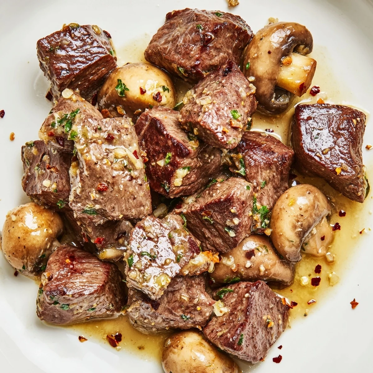 Golden-brown Garlic Butter Steak Bites with Sautéed Mushrooms in a skillet, garnished with fresh parsley.