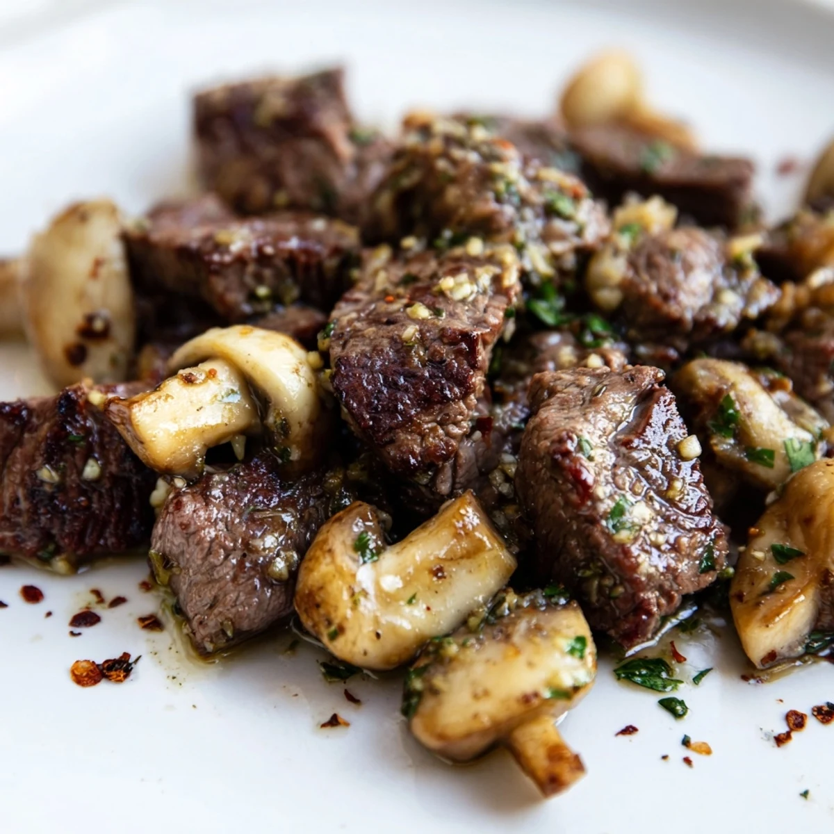 Tender steak bites and mushrooms coated in rich garlic butter sauce, served hot for a quick dinner.