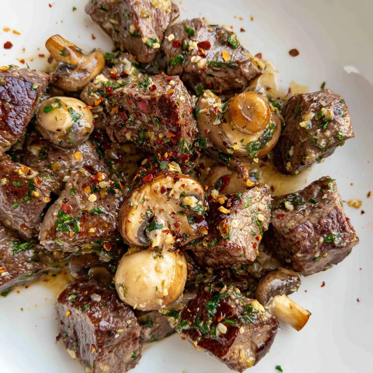 Sizzling Garlic Butter Steak Bites with sautéed mushrooms on a plate, ready to be enjoyed.