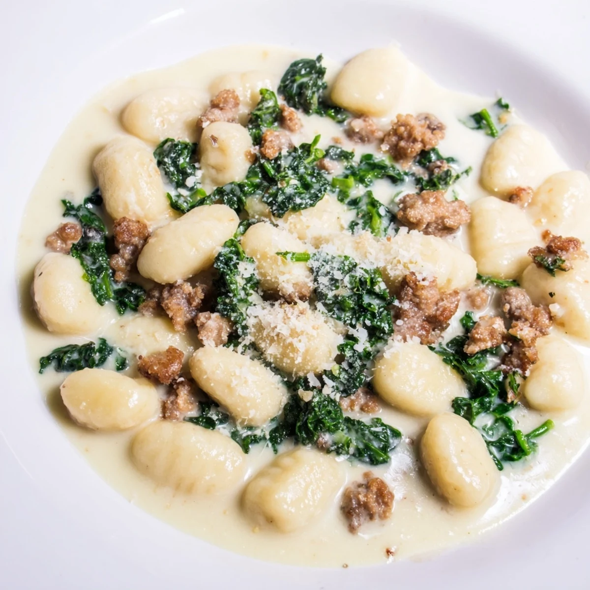 Creamy Gnocchi with Turkey Sausage and Kale served steaming hot in a skillet garnished with fresh parsley.