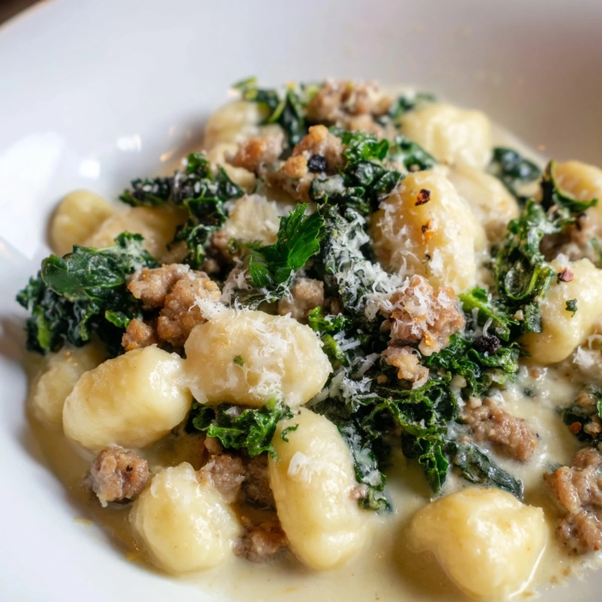 One-pan Creamy Gnocchi with Turkey Sausage and Kale perfect for a quick weeknight dinner served with wine.
