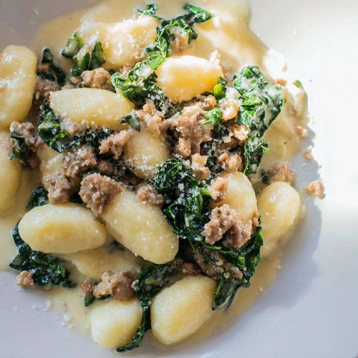 Tender potato gnocchi and savory turkey sausage coated in rich Parmesan cream sauce with wilted kale.