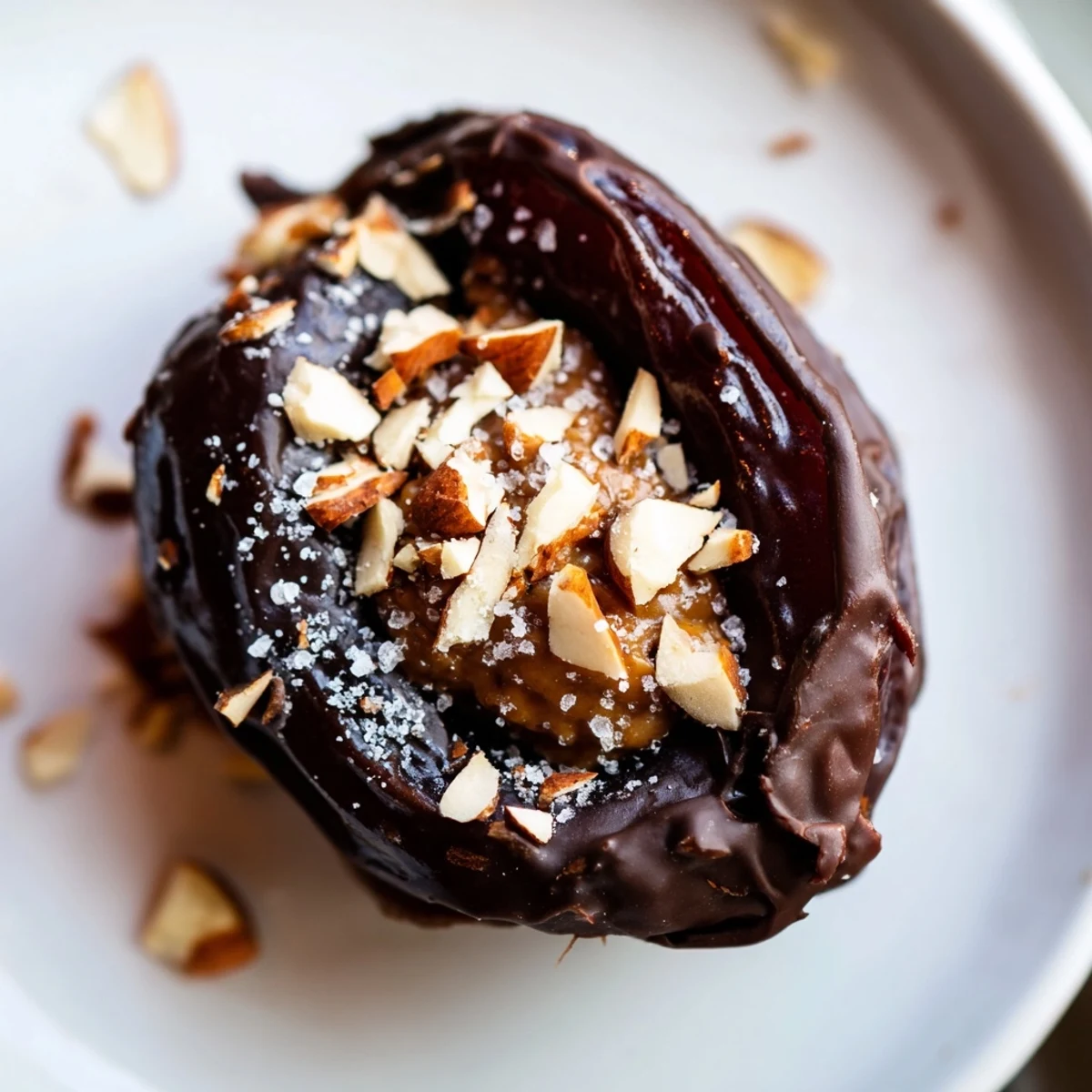 Freshly dipped Chocolate Covered Dates Stuffed with Almond Butter are arranged on parchment paper with a sprinkle of flaky sea salt. 