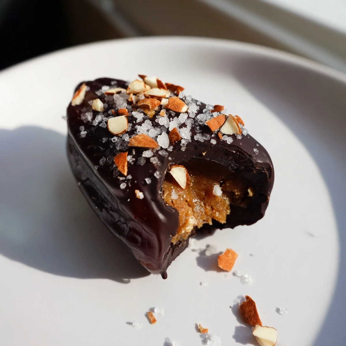 These rich Chocolate Covered Dates Stuffed with Almond Butter are topped with chopped roasted almonds and displayed on a wooden board. 