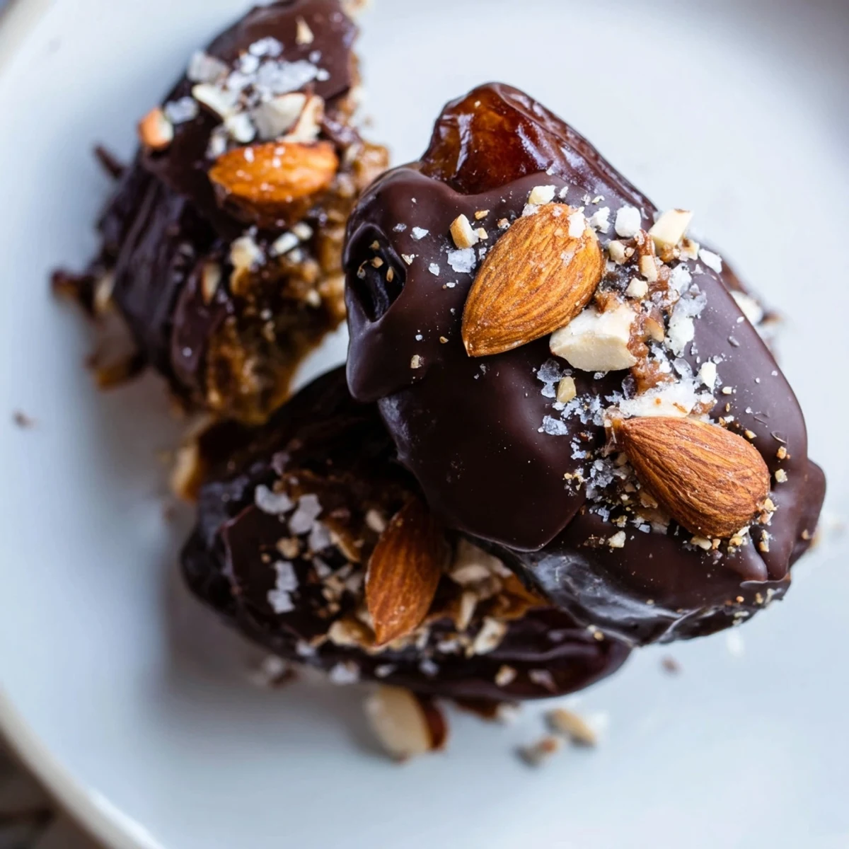 Served on a white platter, these Chocolate Covered Dates Stuffed with Almond Butter glisten with melted dark chocolate.