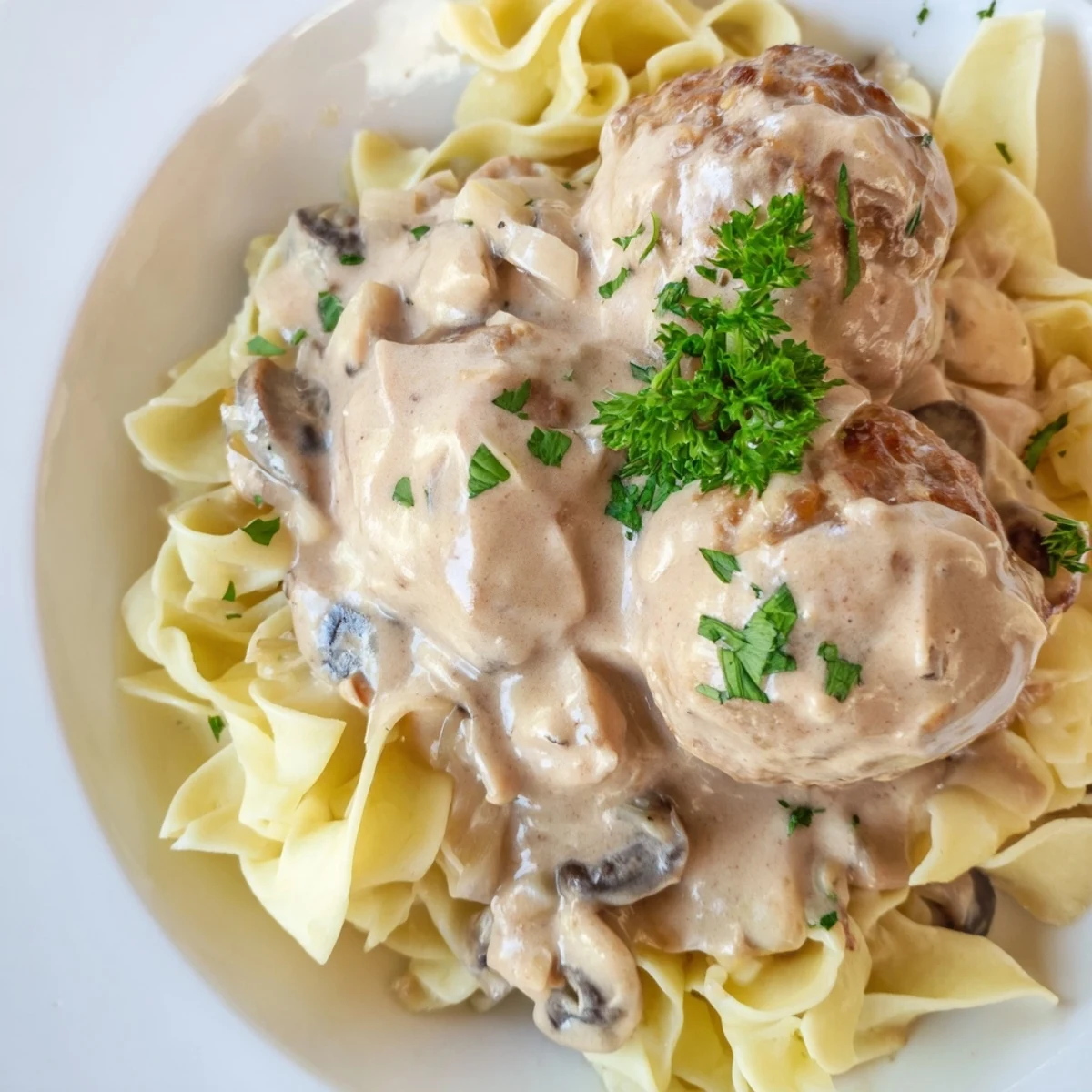 Golden-brown turkey meatballs and sautéed mushrooms rest in a creamy sauce over a bed of wide egg noodles.