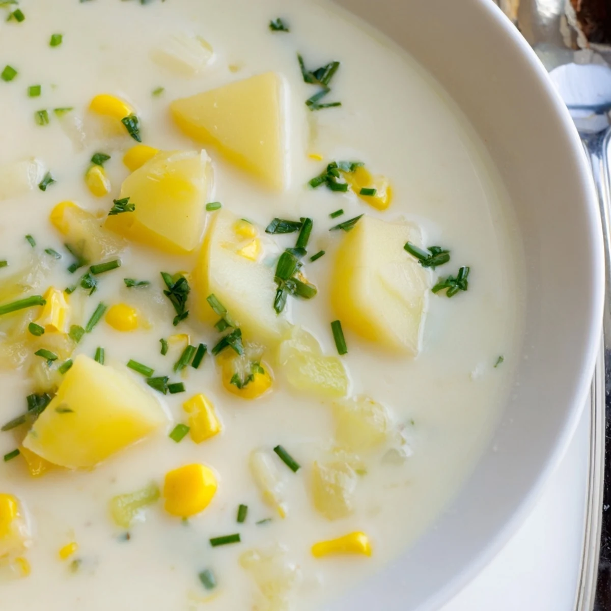 Creamy Corn and Potato Chowder with Fresh Herbs steaming in a rustic bowl, topped with chopped chives and cracked pepper.