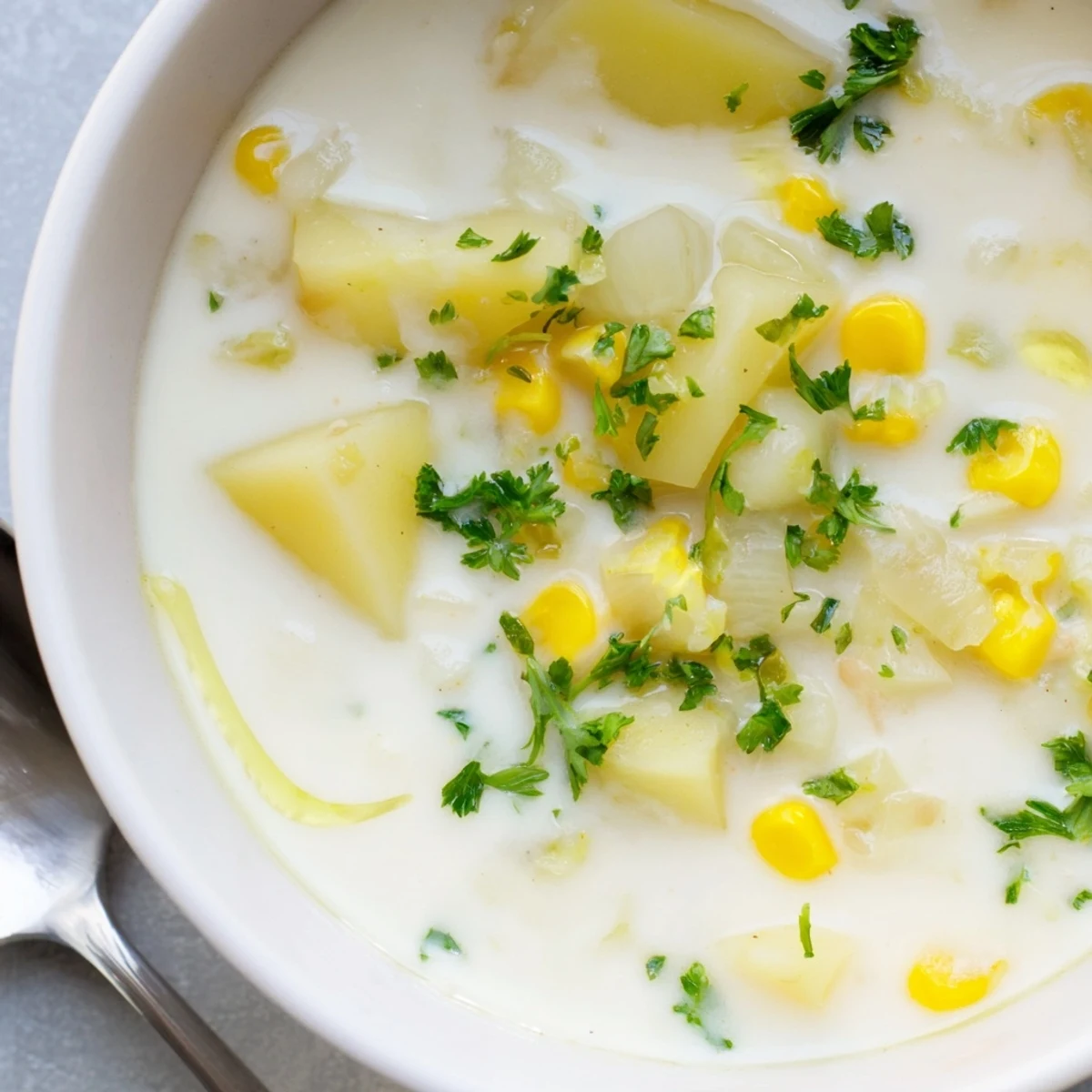Hearty Creamy Corn and Potato Chowder with Fresh Herbs ladled into white ceramic bowls next to crusty bread.