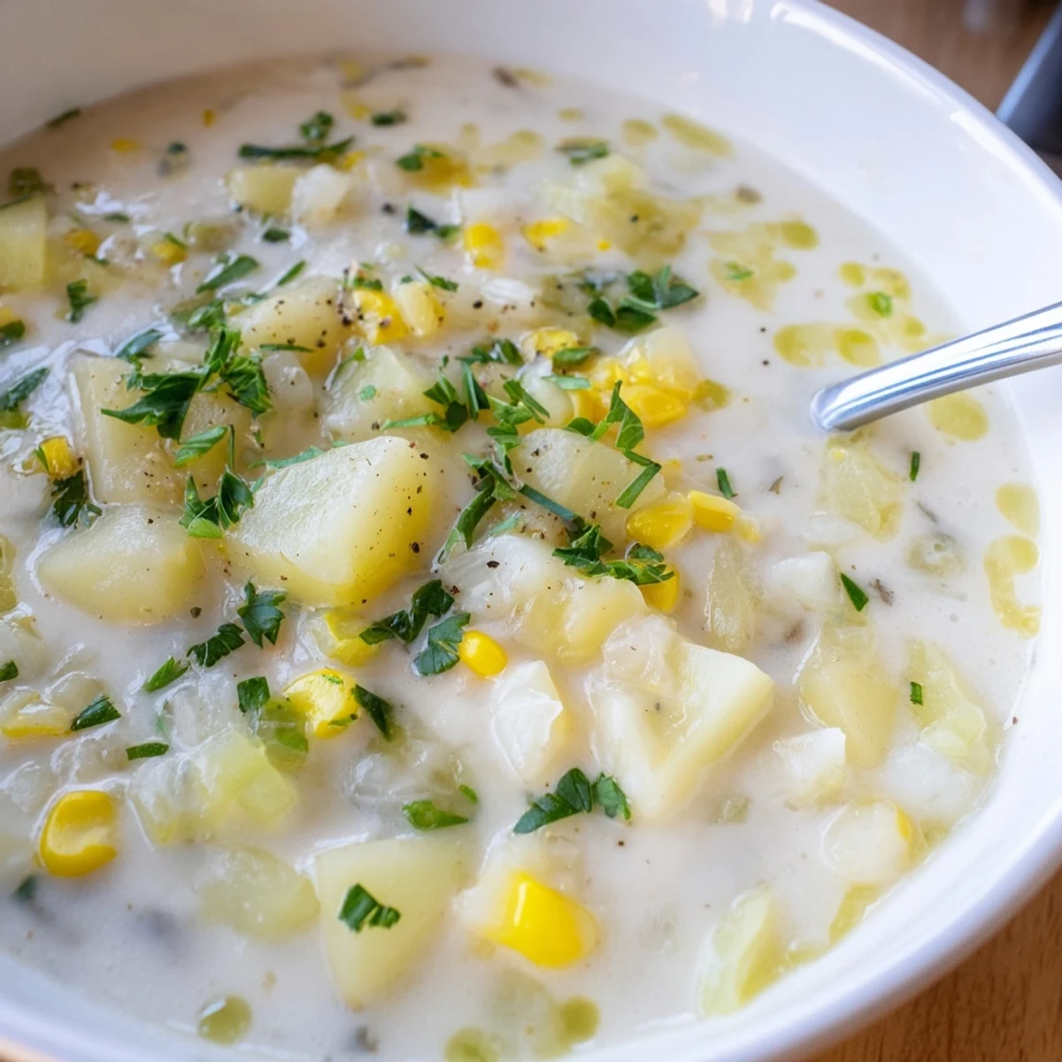 Velvety Creamy Corn and Potato Chowder with Fresh Herbs garnished with parsley, served cozy in a Dutch oven.