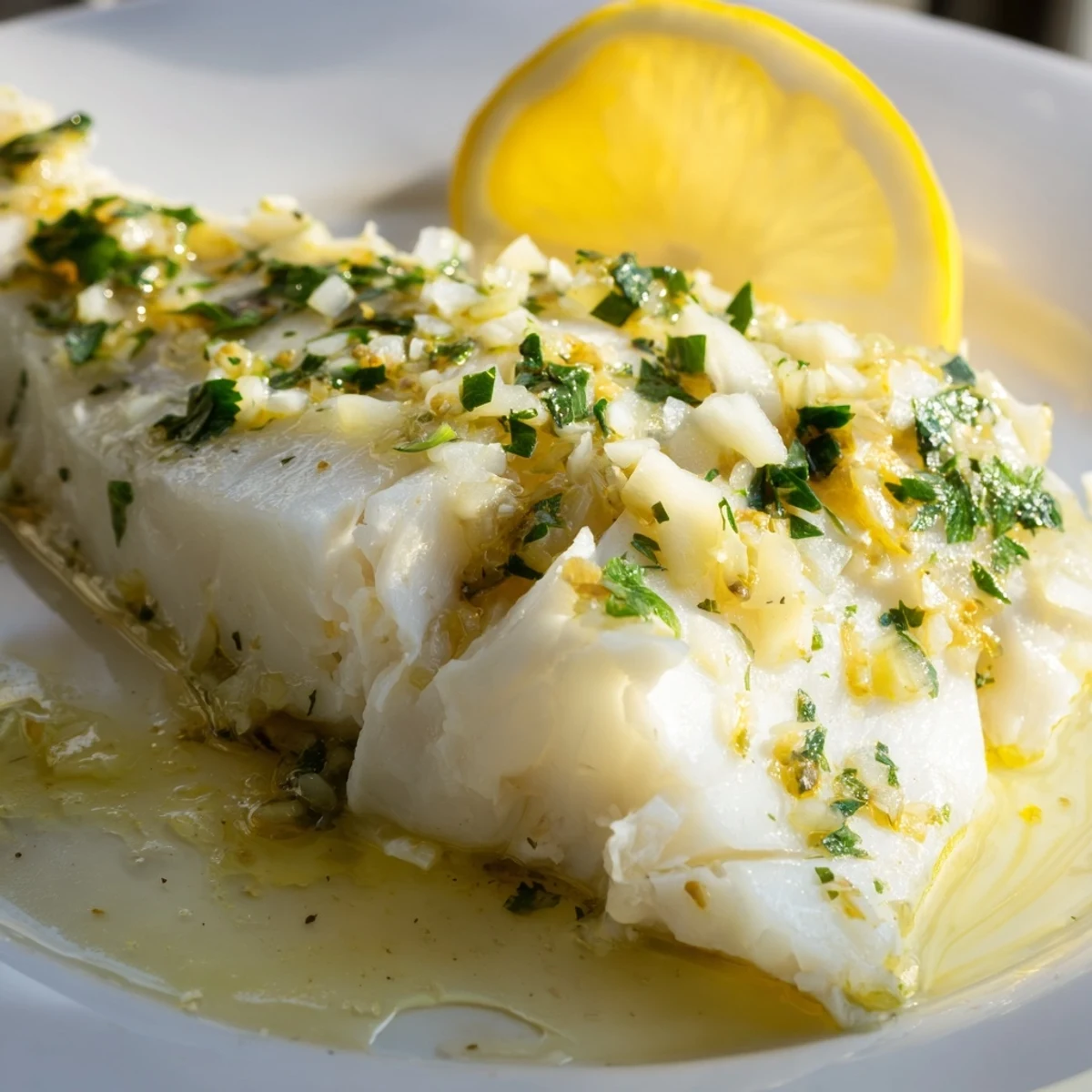 Golden-baked halibut fillets sit in a baking dish, glistening with a rich lemon butter sauce. A silver spoon drizzles more sauce over the fish, showcasing the tender texture for a gluten-free main course.