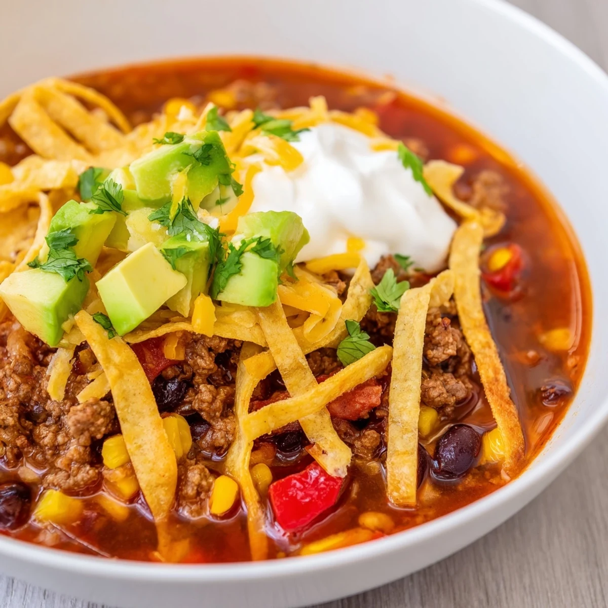 A steaming bowl of Beef Enchilada Soup, topped with golden crunchy tortilla strips, avocado, and melted cheese.