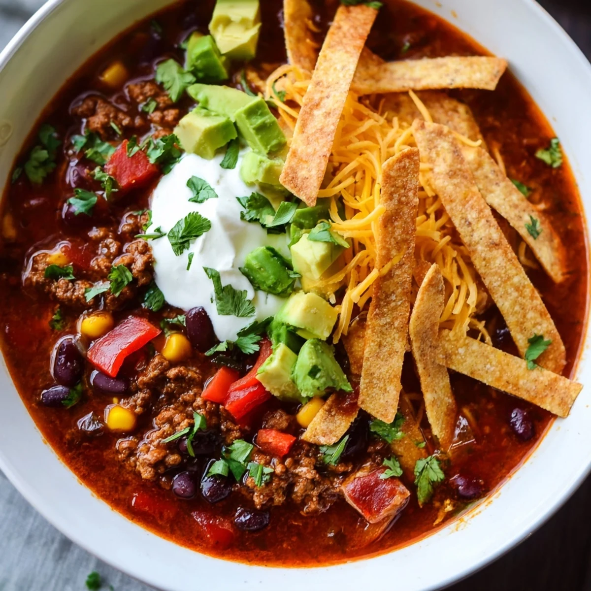 Ground beef stew with beans and corn in red enchilada sauce, served hot with lime wedges and sour cream.