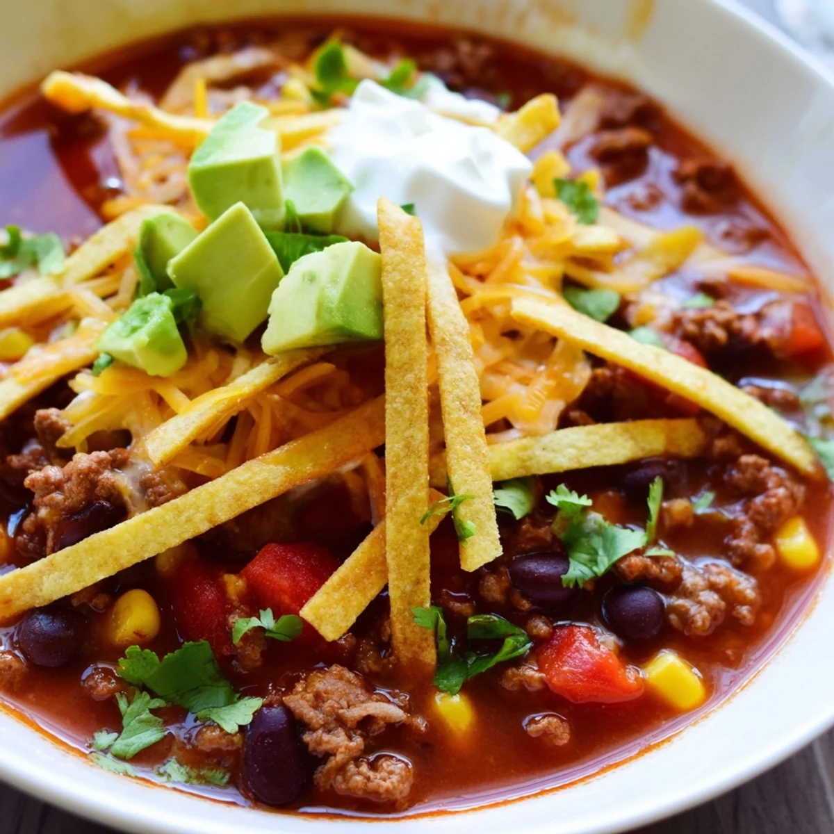Homemade Beef Enchilada Soup featuring crispy baked tortilla strips, fresh cilantro, and shredded cheddar on a rustic table.