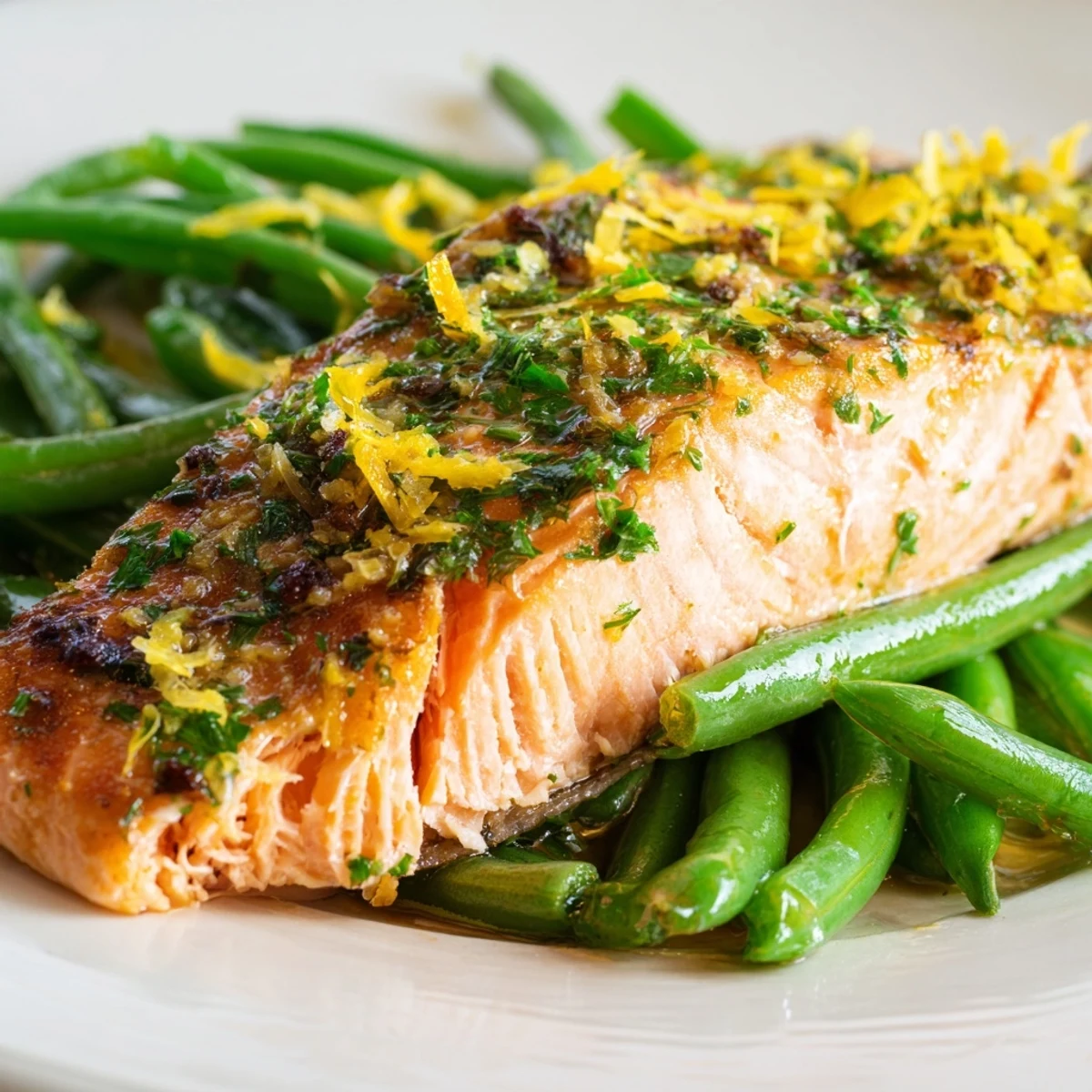 A close-up of flaky salmon and vibrant green beans on a baking sheet, ready to serve with a squeeze of fresh lemon.