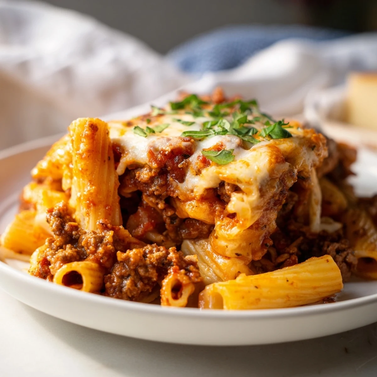 Hearty slice of Baked Ziti with Ground Beef and Mozzarella lifted from the dish, revealing layers of pasta and meat sauce.