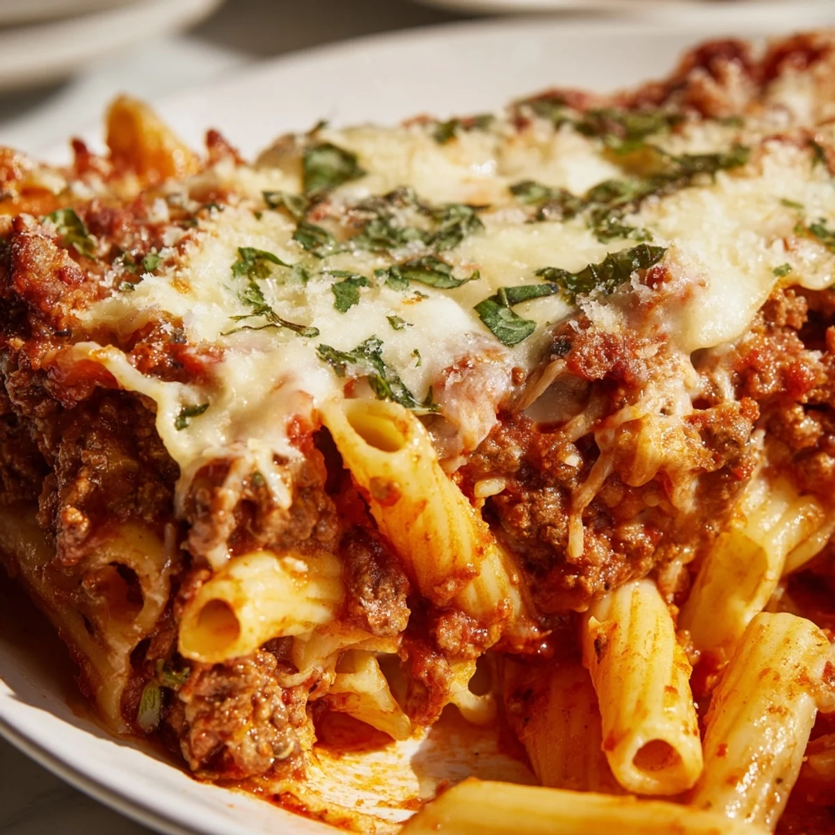 Family-style Baked Ziti with Ground Beef and Mozzarella served in a casserole dish, garnished with fresh basil leaves.