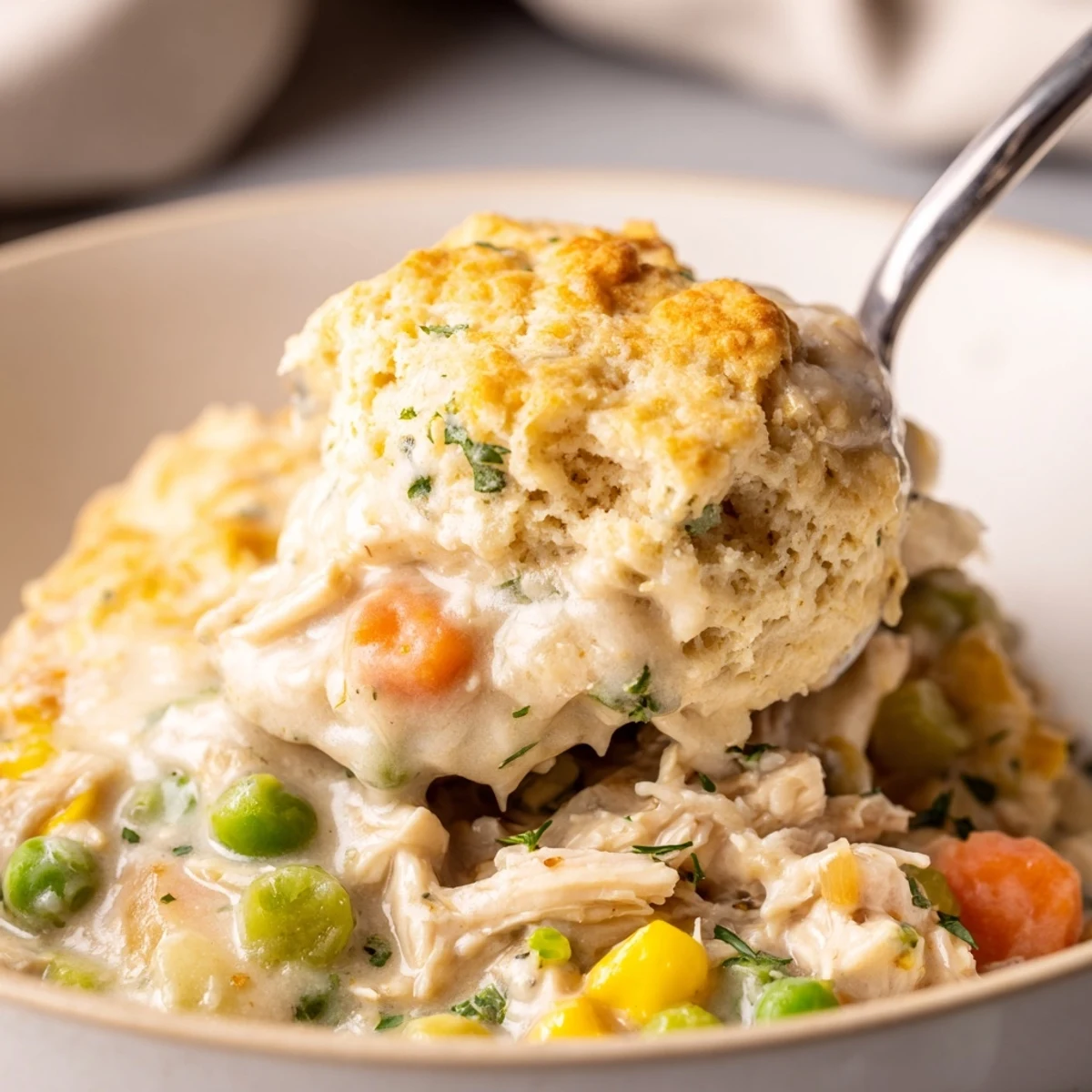 Golden-brown biscuit-topped chicken pot pie with creamy filling, peas, and carrots steaming in a white dish.