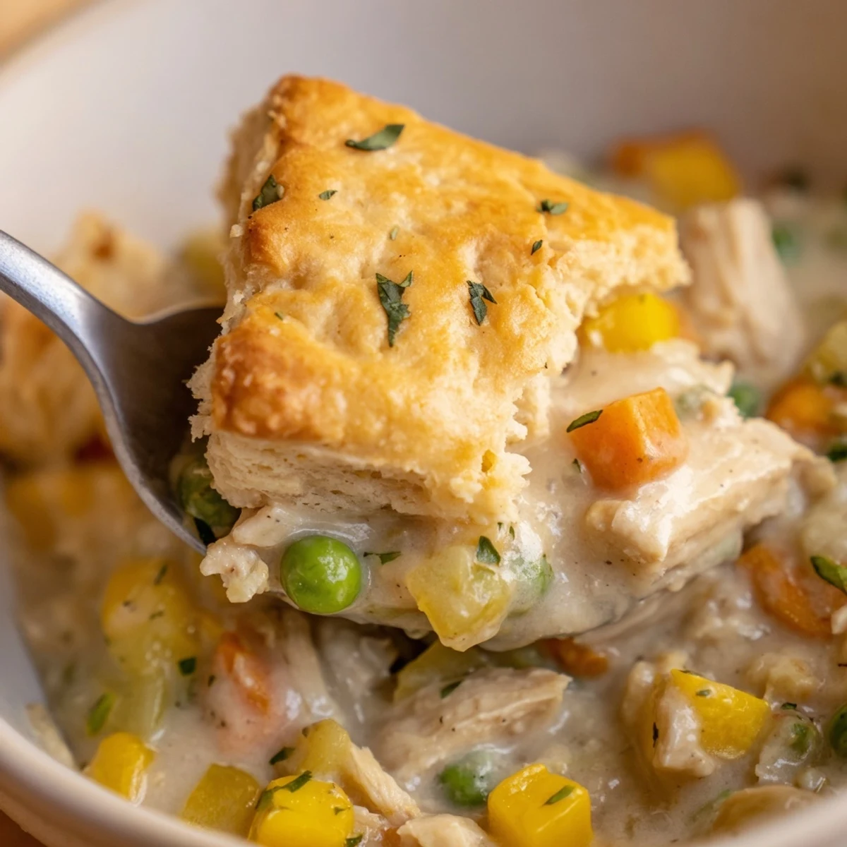 Tender biscuits cover a hearty chicken pot pie with visible peas, carrots, and thyme in filling.