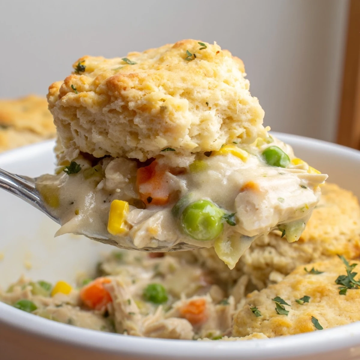 Freshly baked chicken pot pie with bubbly, creamy filling and golden biscuits, served warm for dinner.