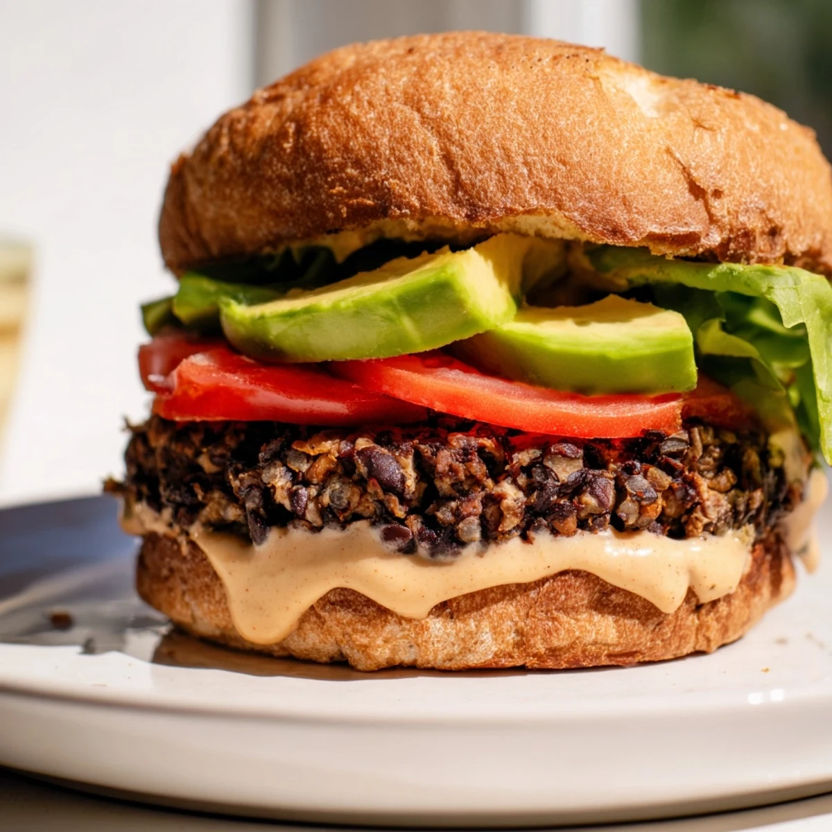 Close-up view of a Vegan Black Bean Burger with Chipotle Mayo, revealing a juicy patty and creamy spicy sauce.