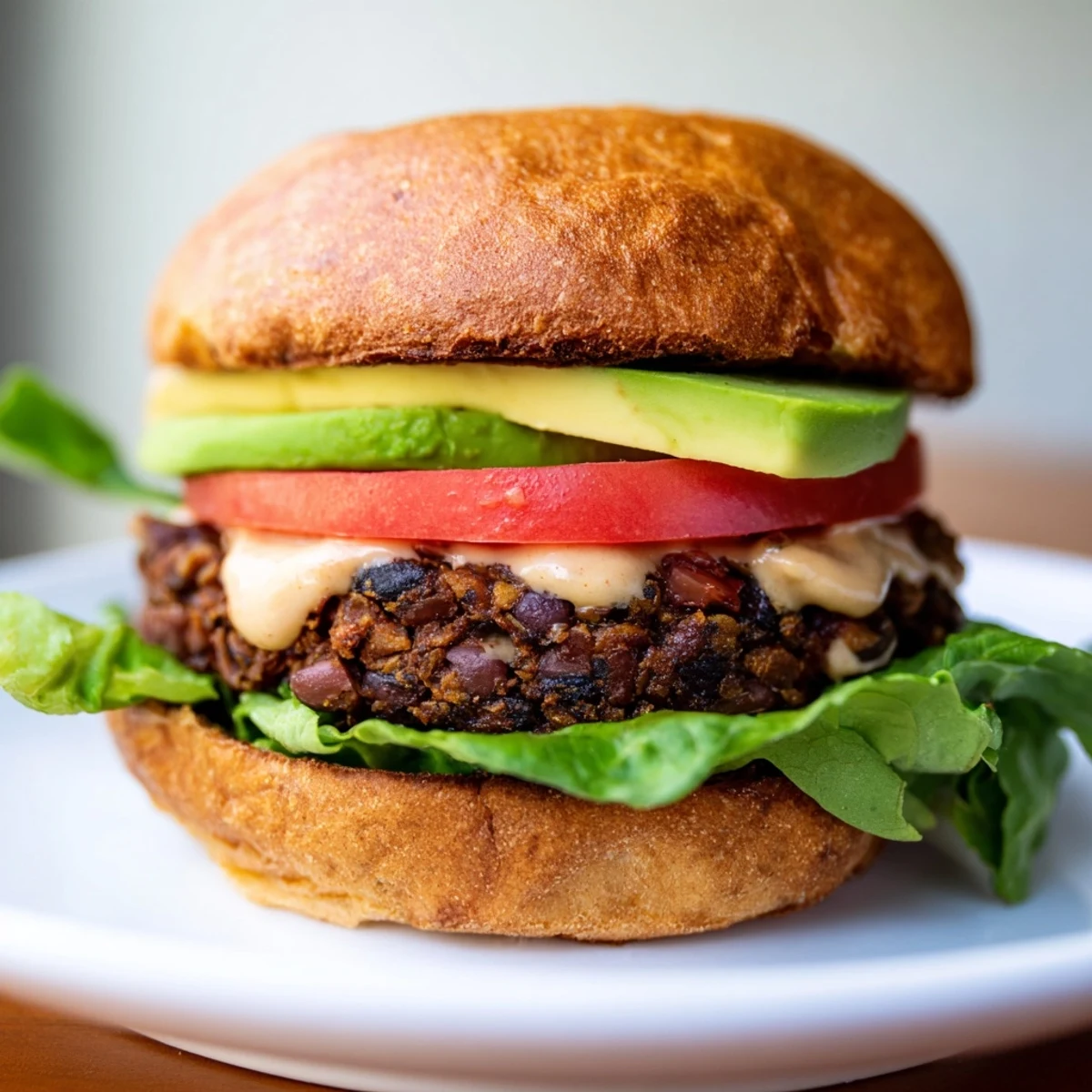 Assembled Vegan Black Bean Burgers with Chipotle Mayo on toasted buns, topped with lettuce, tomato, and avocado slices.
