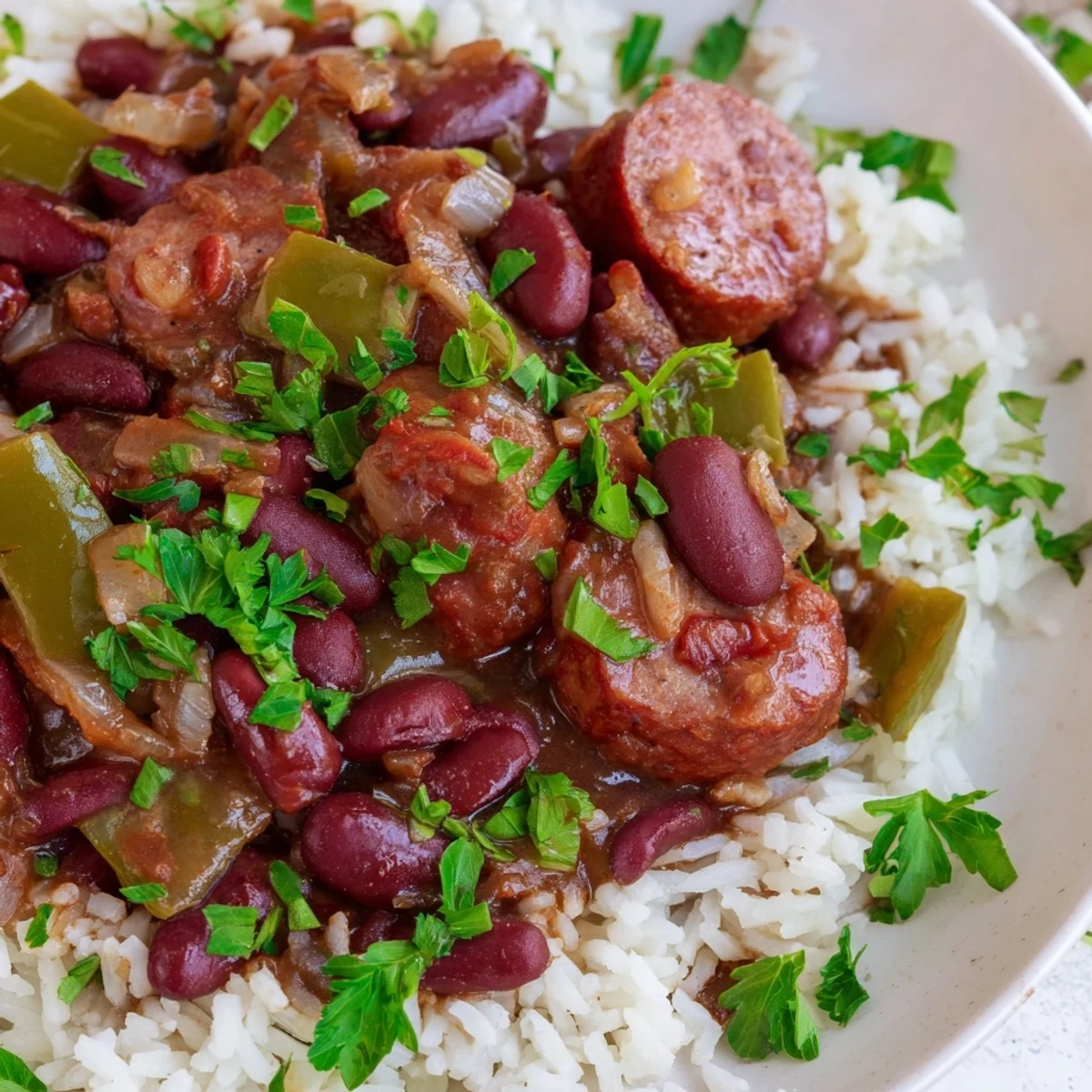 A hearty bowl of Red Beans and Rice with Turkey Sausage, featuring smoky sausage links nestled into creamy beans and fluffy white rice.  