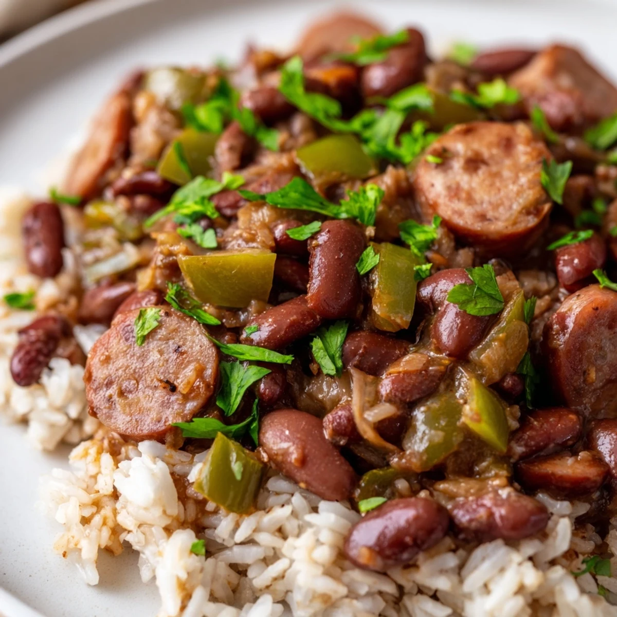 A close-up of Red Beans and Rice with Turkey Sausage, showing tender beans, diced vegetables, and a garnish of fresh parsley.  