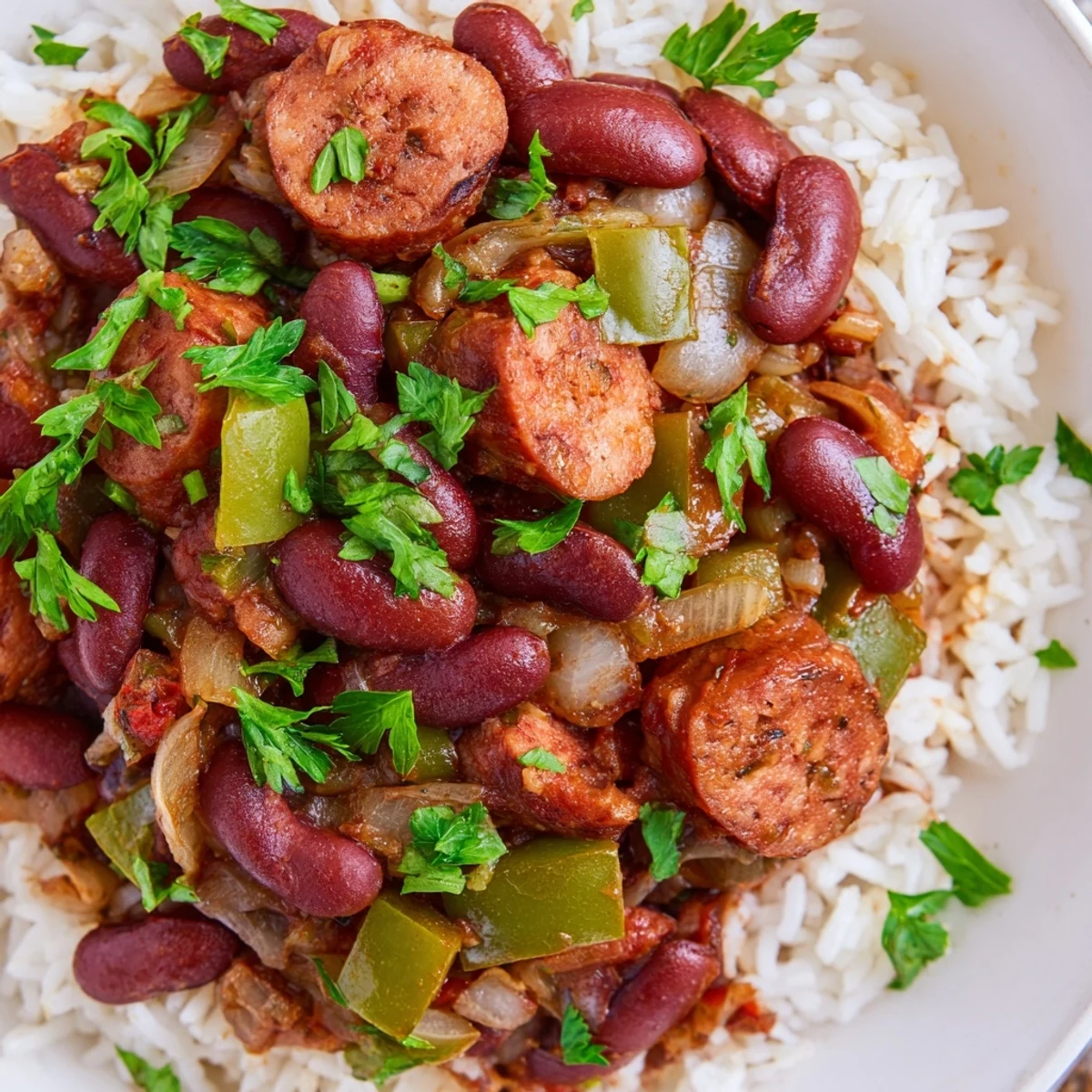 Steam rises from a rustic skillet of Red Beans and Rice with Turkey Sausage, a Southern comfort food classic perfect for weeknights.
