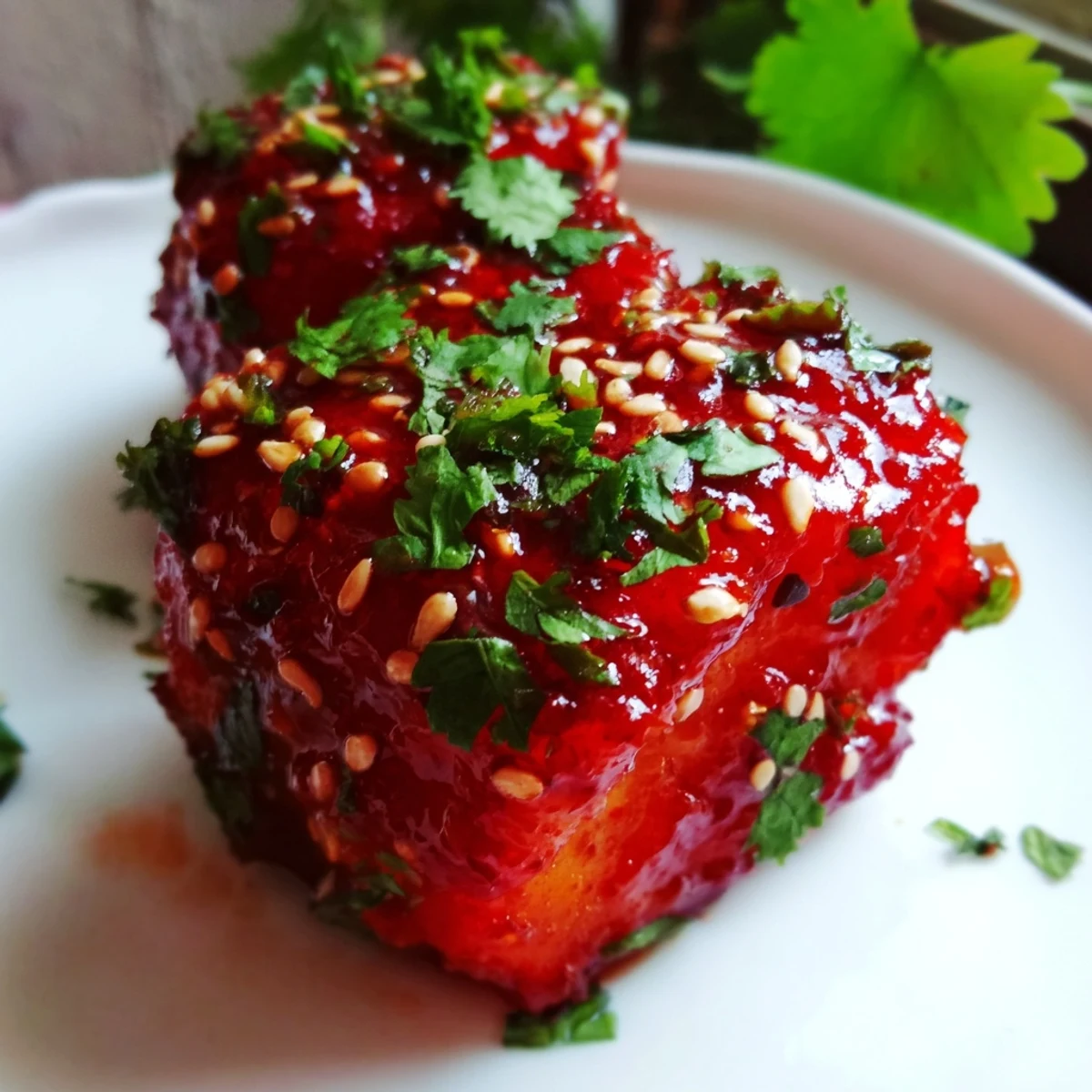 Golden-brown Super Bowl Spicy Sriracha Chicken Bites glistening with a fiery red glaze, garnished with fresh cilantro and sesame seeds, ready for game day snacking.
