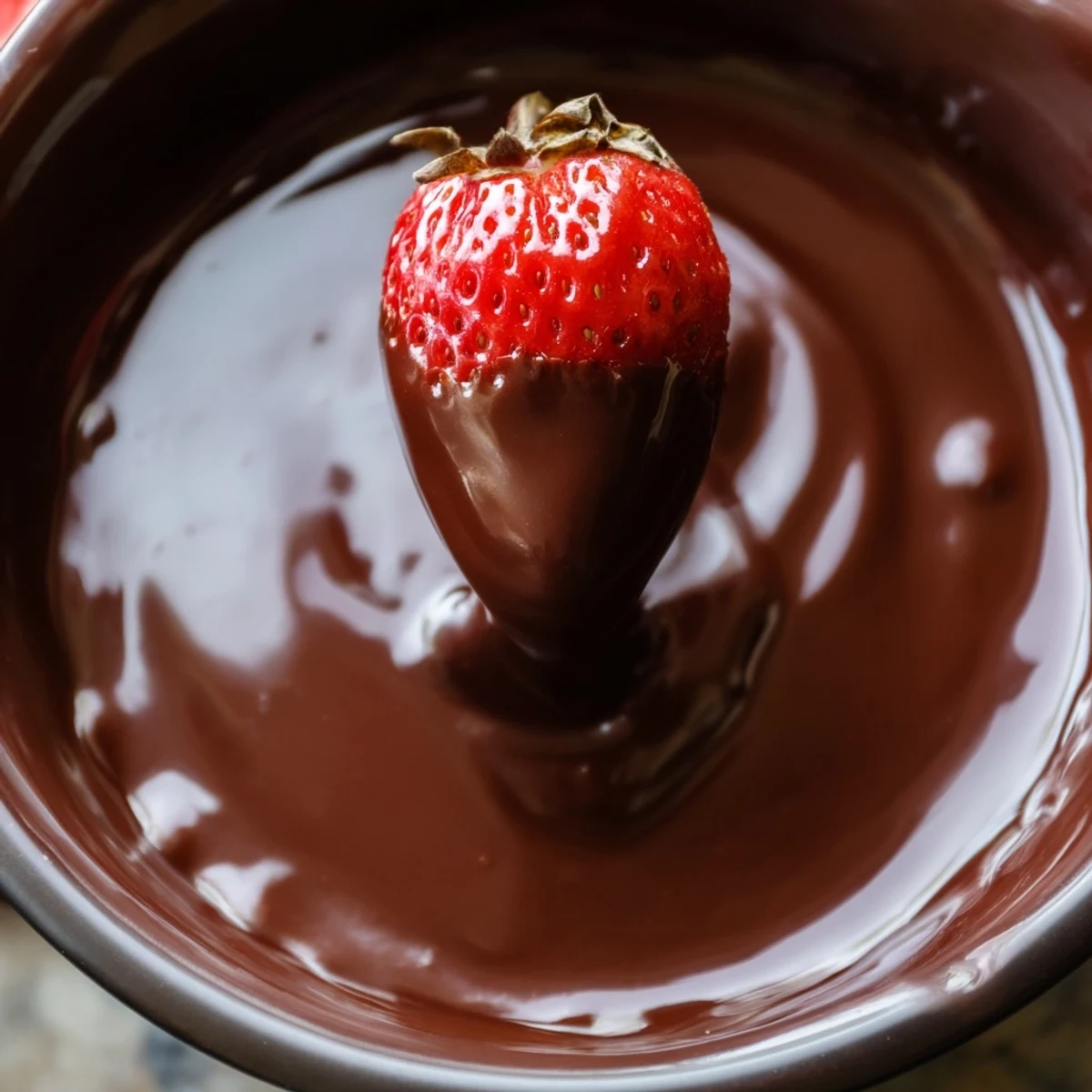 A close-up of Valentine Chocolate Fondue with Fruit, featuring a glossy pool of melted dark chocolate surrounded by bright red strawberries and ripe banana slices.