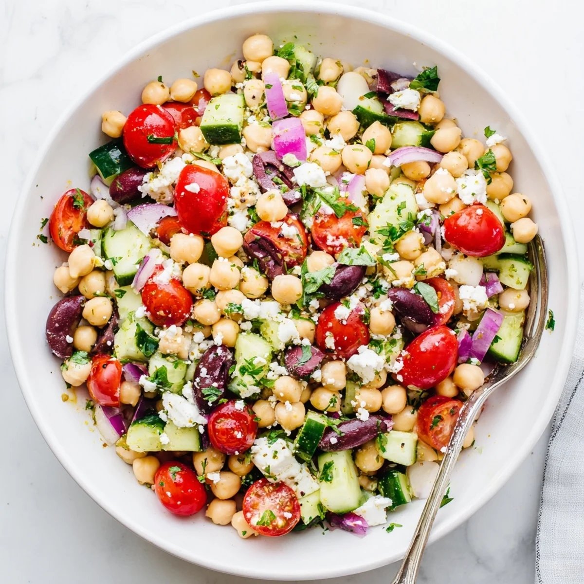 A close-up of colorful Mediterranean Chickpea Salad featuring creamy feta and briny Kalamata olives, perfect for a light lunch.