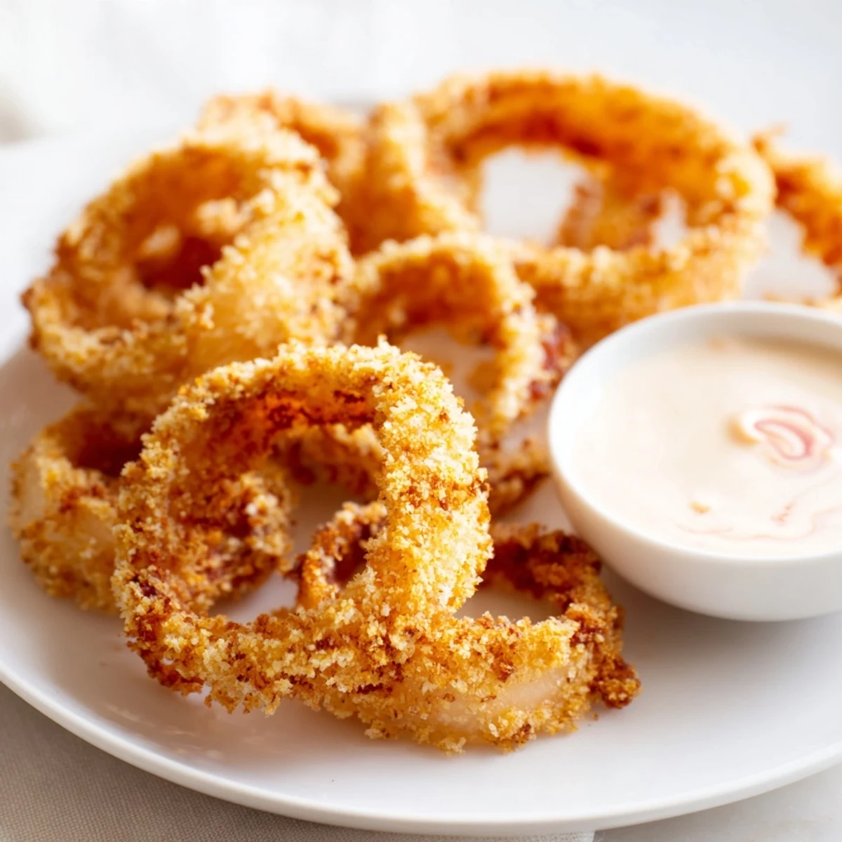 Golden, crispy onion rings topped with a drizzle of creamy spicy mayo dipping sauce.  
