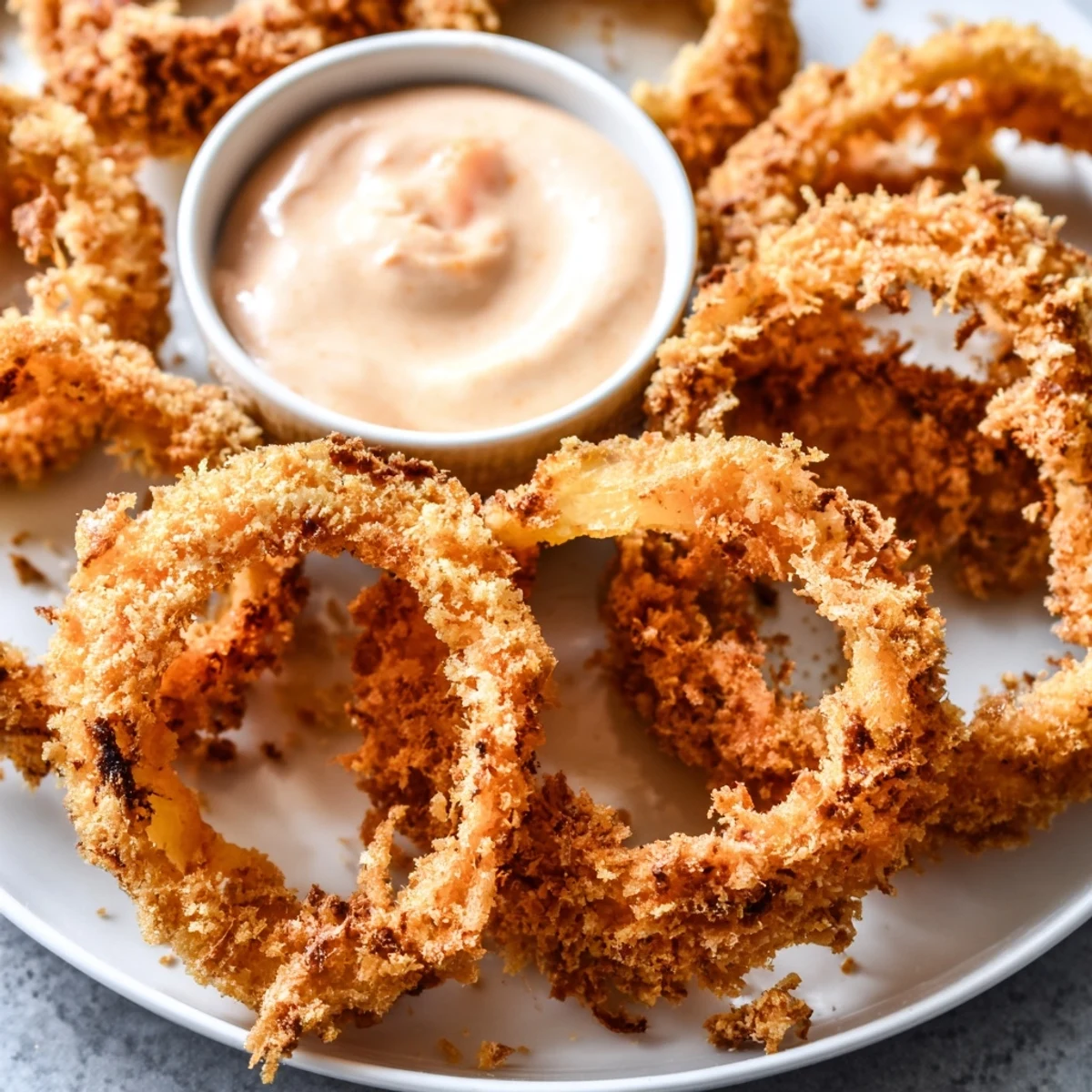 A close-up view of golden-fried Crispy Onion Rings with Spicy Mayo Dipping Sauce.  