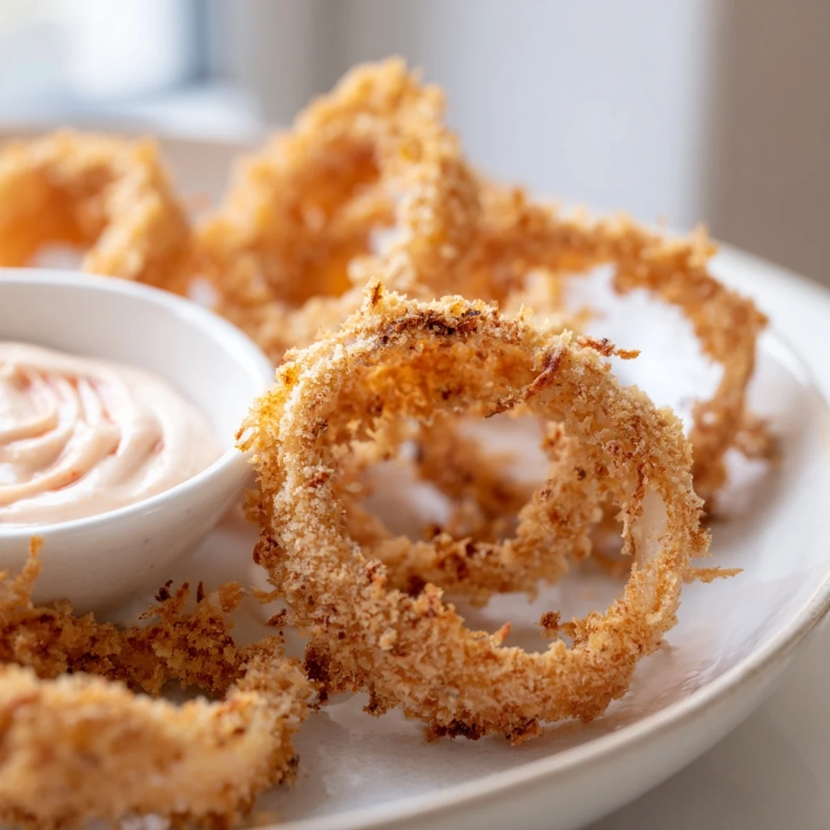 Served hot, these crunchy onion rings with spicy mayo are perfect for parties.