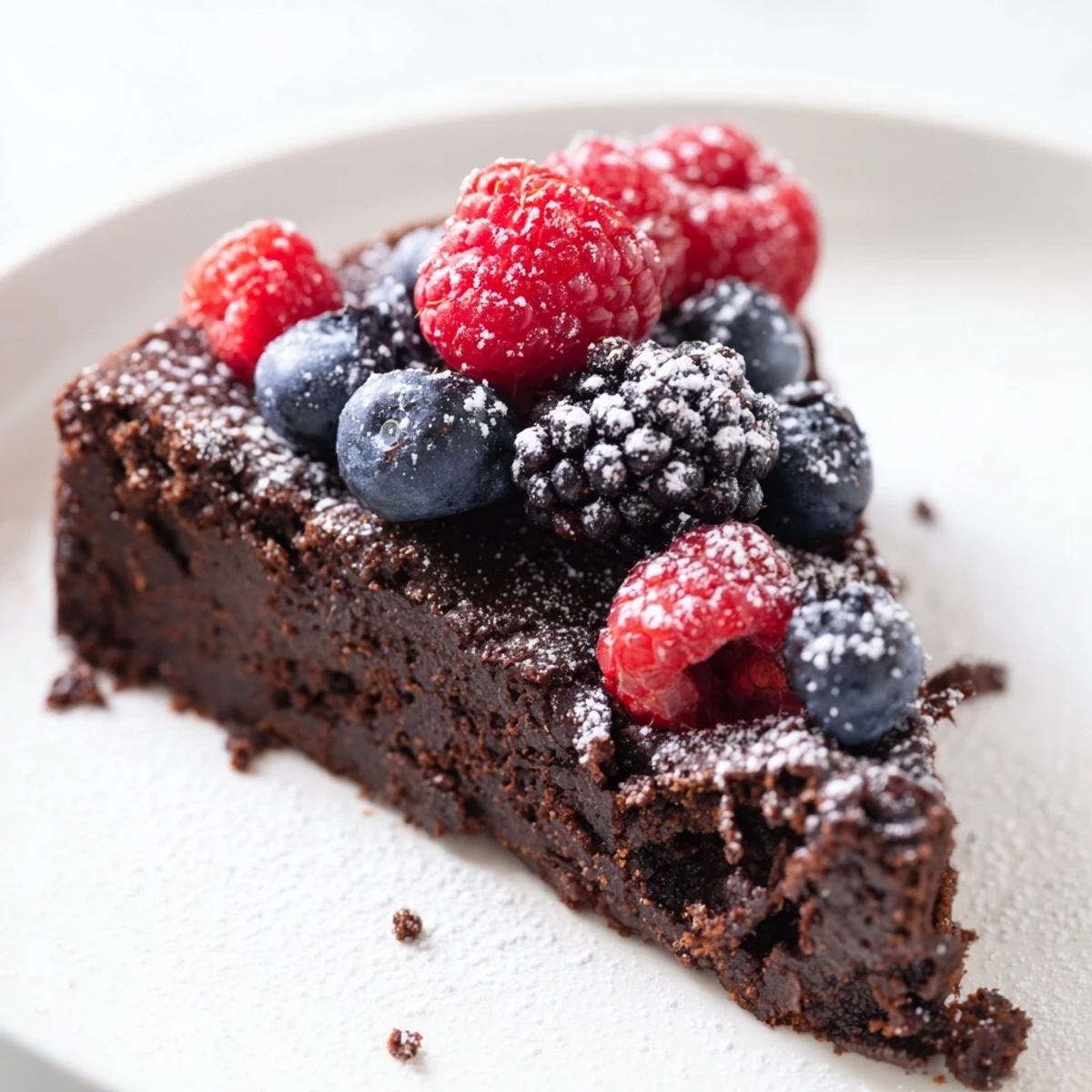 Freshly baked Decadent Flourless Chocolate Cake with berries on a rustic plate, showcasing its rich fudgy texture.