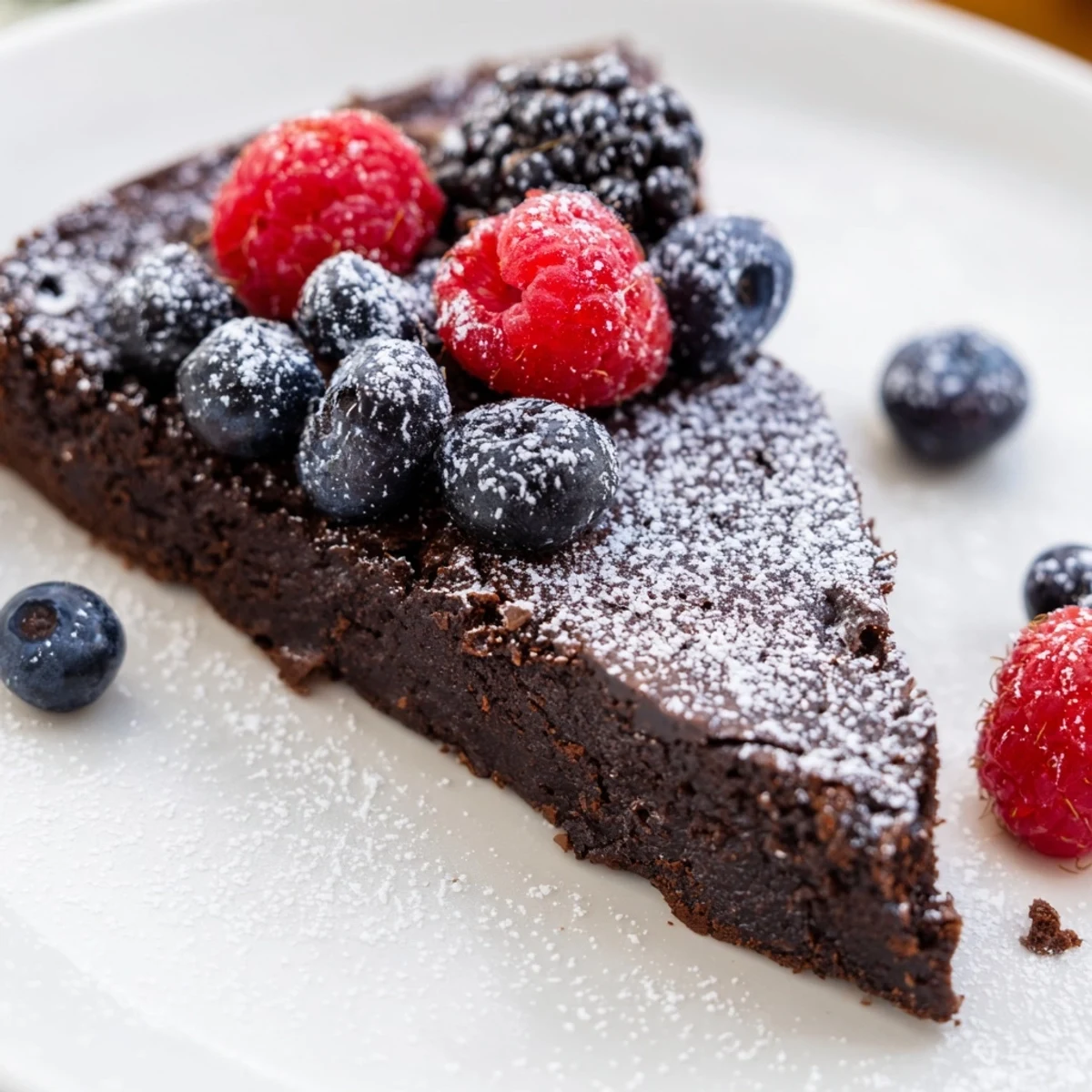 A rich slice of Decadent Flourless Chocolate Cake topped with vibrant mixed berries and a dusting of cocoa powder.