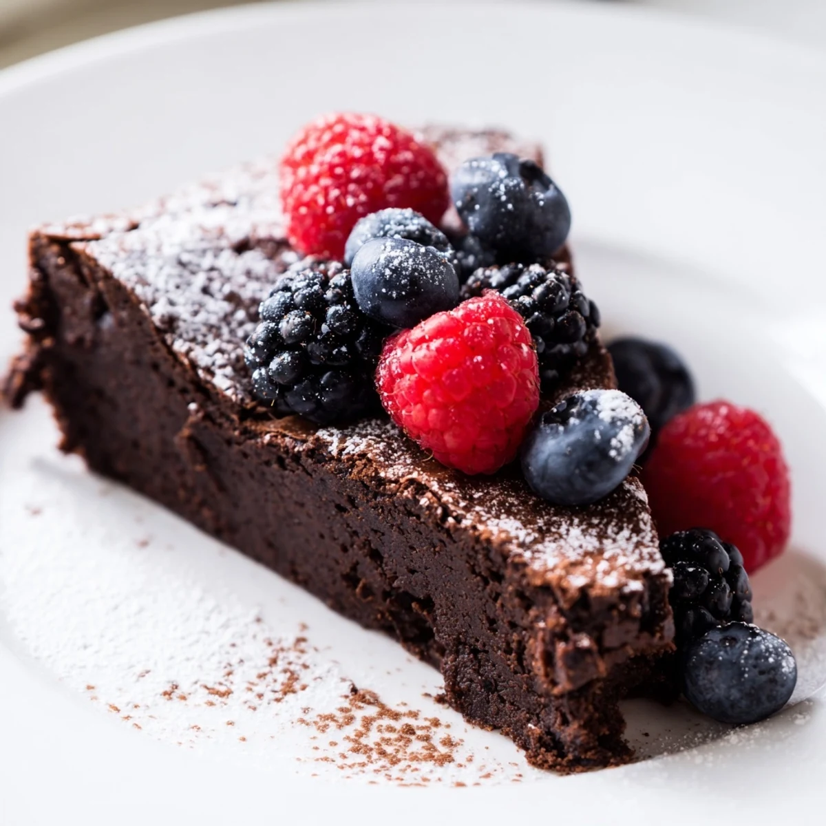 Gluten-free Decadent Flourless Chocolate Cake served with fresh raspberries and strawberries, perfect for a dinner party dessert.