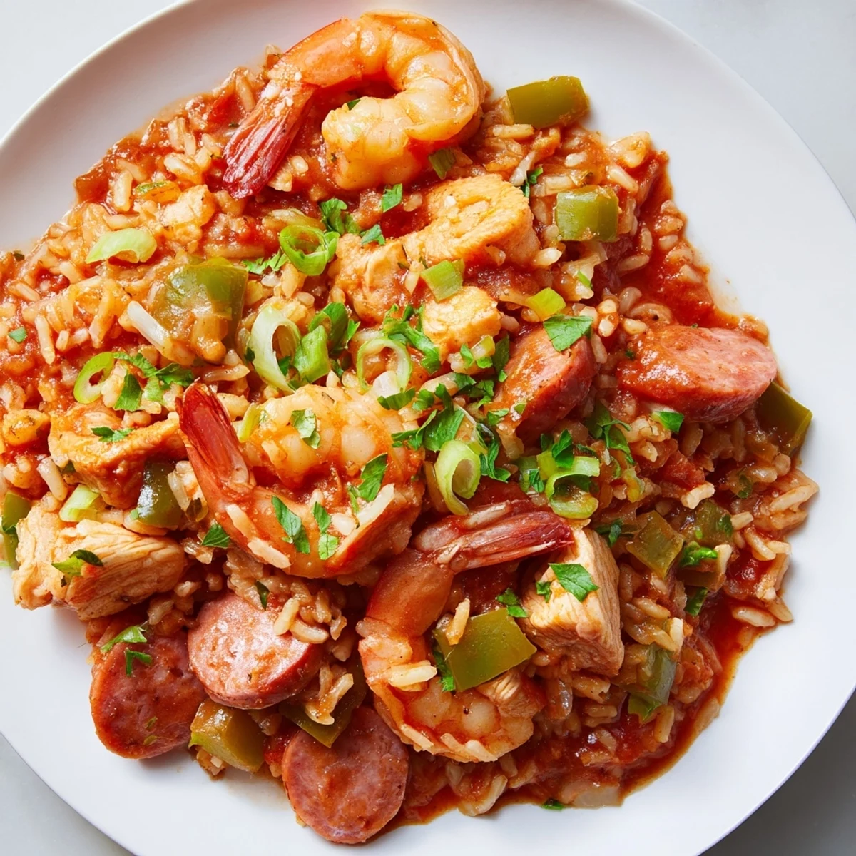 Close-up of Creole Jambalaya with Chicken and Shrimp, featuring plump pink shrimp, golden chicken, and andouille sausage in a rich tomato sauce.