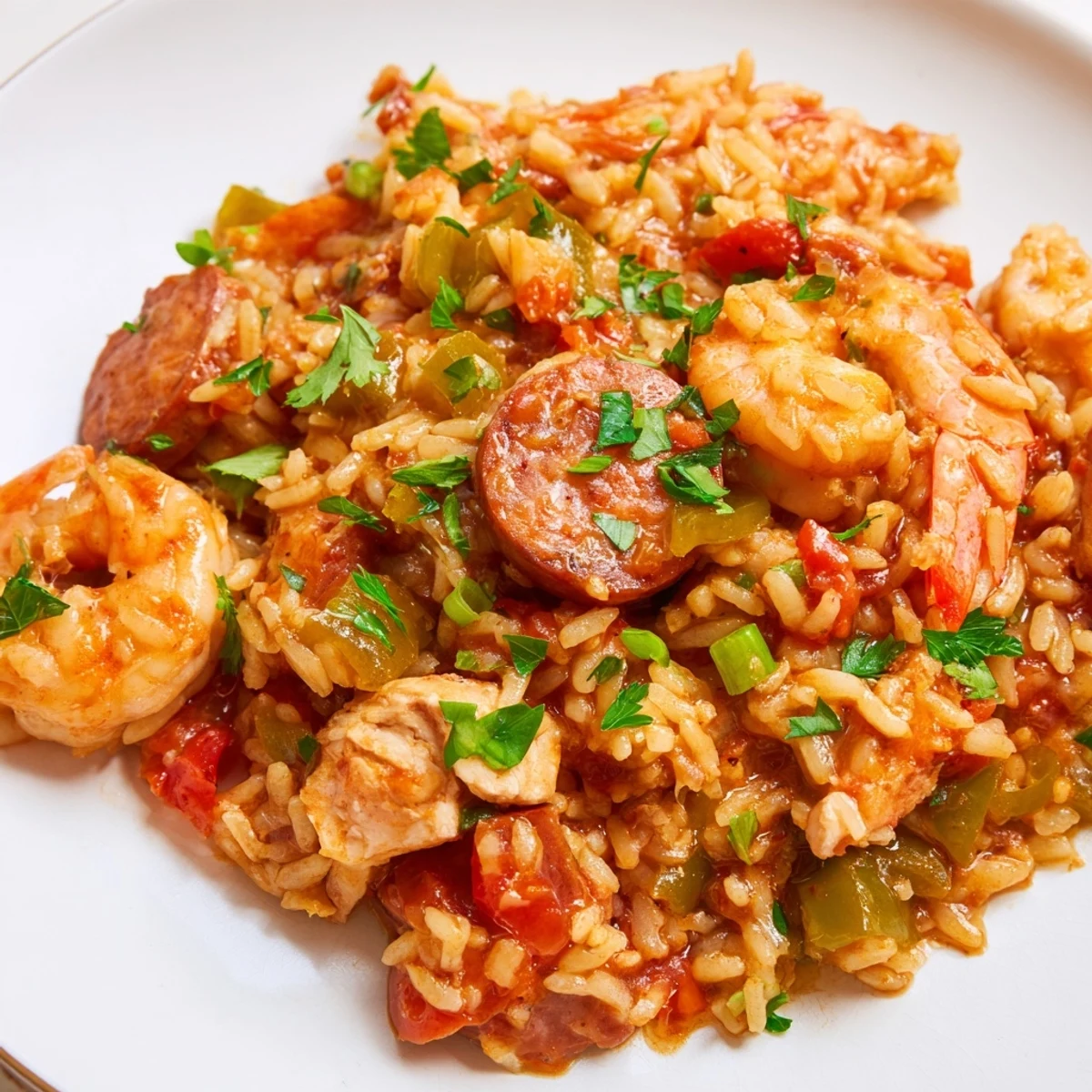 Steam rises from a skillet of Creole Jambalaya with Chicken and Shrimp, highlighting the vibrant peppers, celery, and fluffy rice.