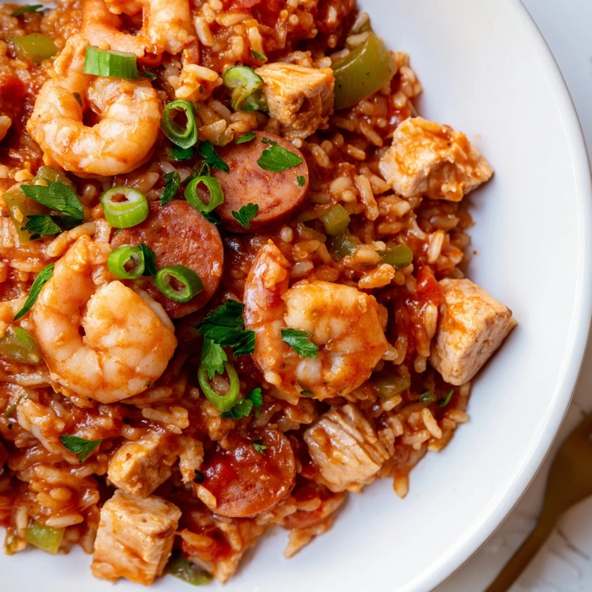 A hearty bowl of Creole Jambalaya with Chicken and Shrimp, garnished with fresh parsley and spring onions, served with lemon wedges.