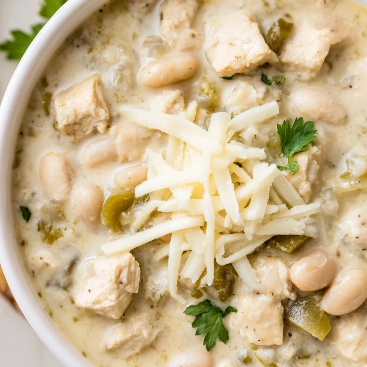 Creamy White Chicken Chili with Great Northern Beans topped with avocado and cilantro in a rustic bowl.  