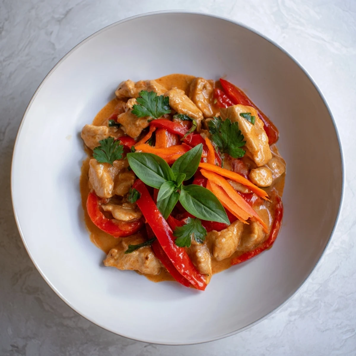 Steaming bowl of Spicy Thai Red Curry with Chicken, featuring vibrant red bell peppers, snow peas, and fresh basil over fluffy jasmine rice.